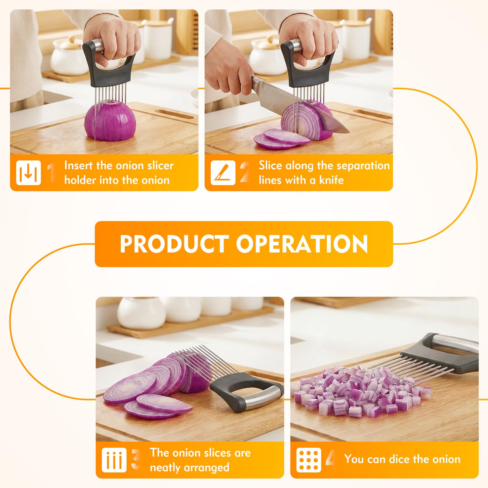 Time-saving onion slicer holder reducing direct contact with onions