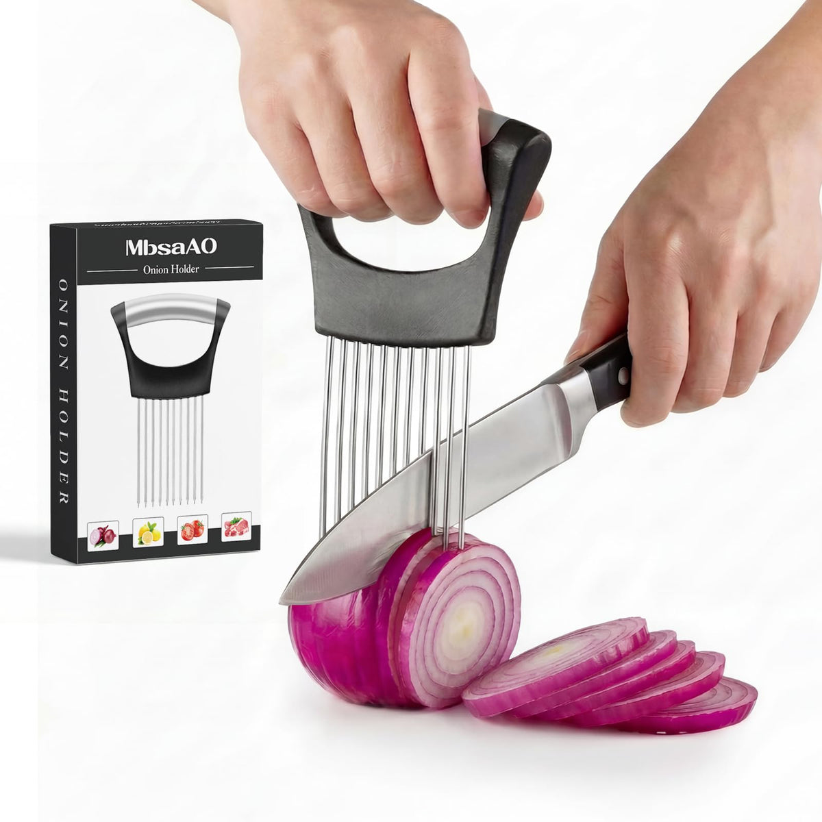 MbsaAO Onion Holder for Slicing with protective cover on stainless steel