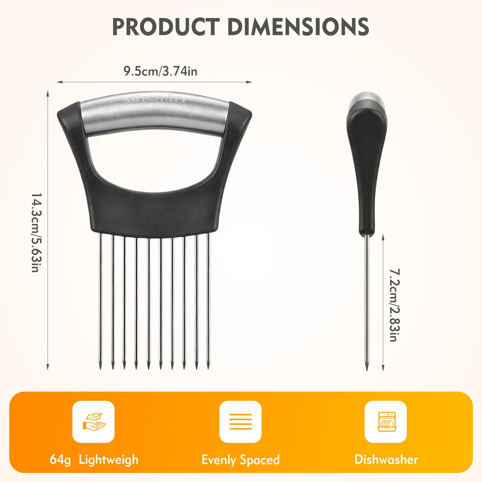 Stainless steel onion chopper with insert-and-slice design and serrated guide