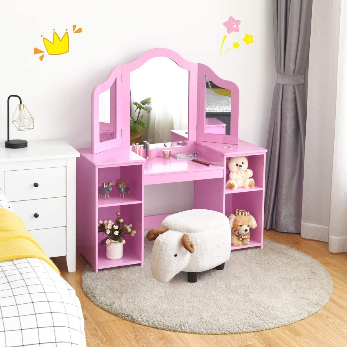 Large storage shelves for cosmetics and toys