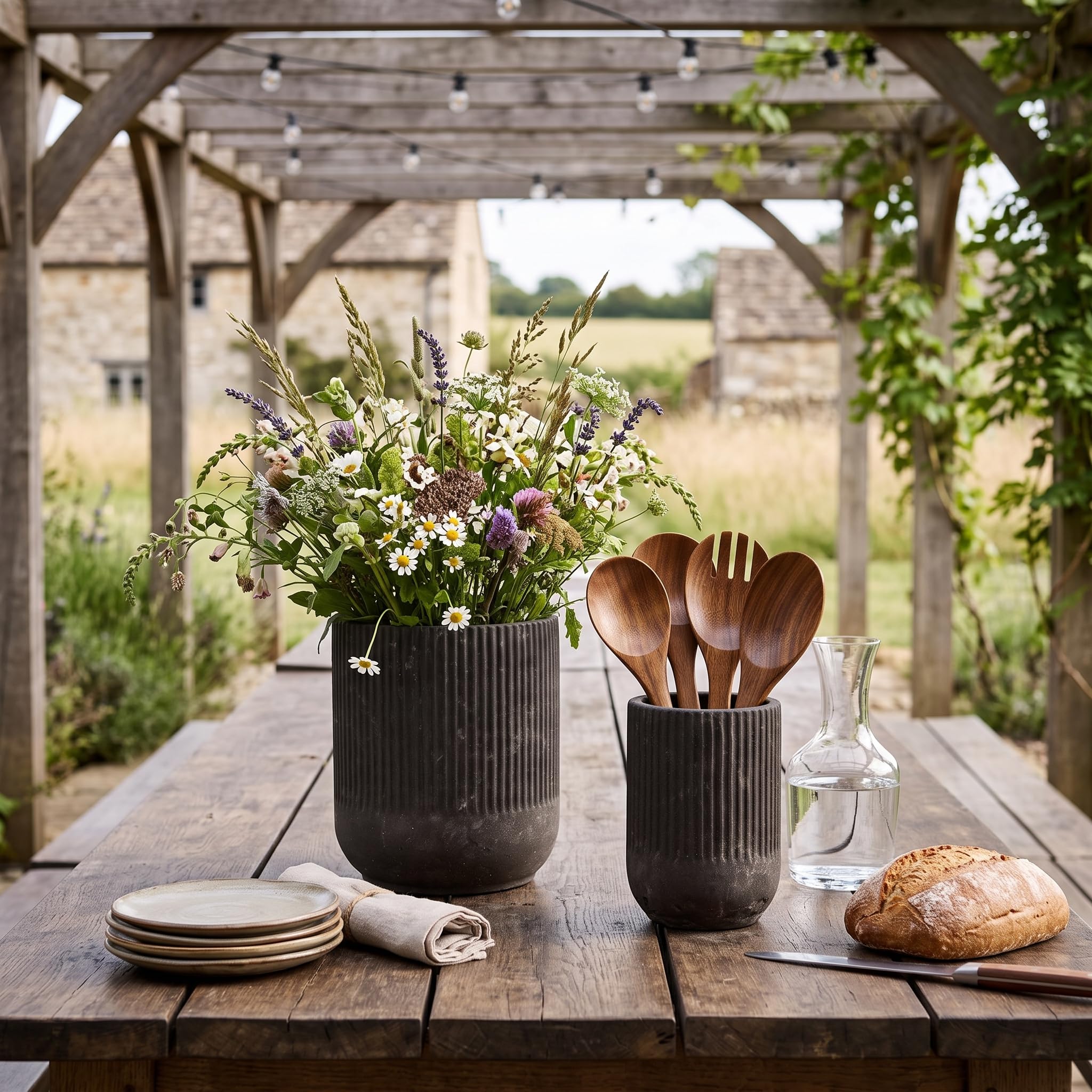 Brown ceramic farmhouse utensil holder vertical grain design