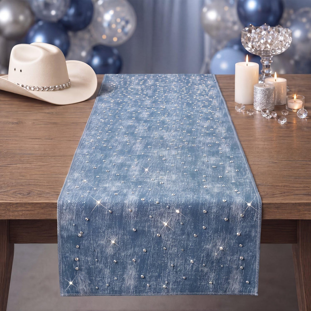 Meanplan Denims Table Runner 71 x 12 blue denim print fabric on table