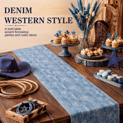 Glitter denim table runner blue denim print for parties