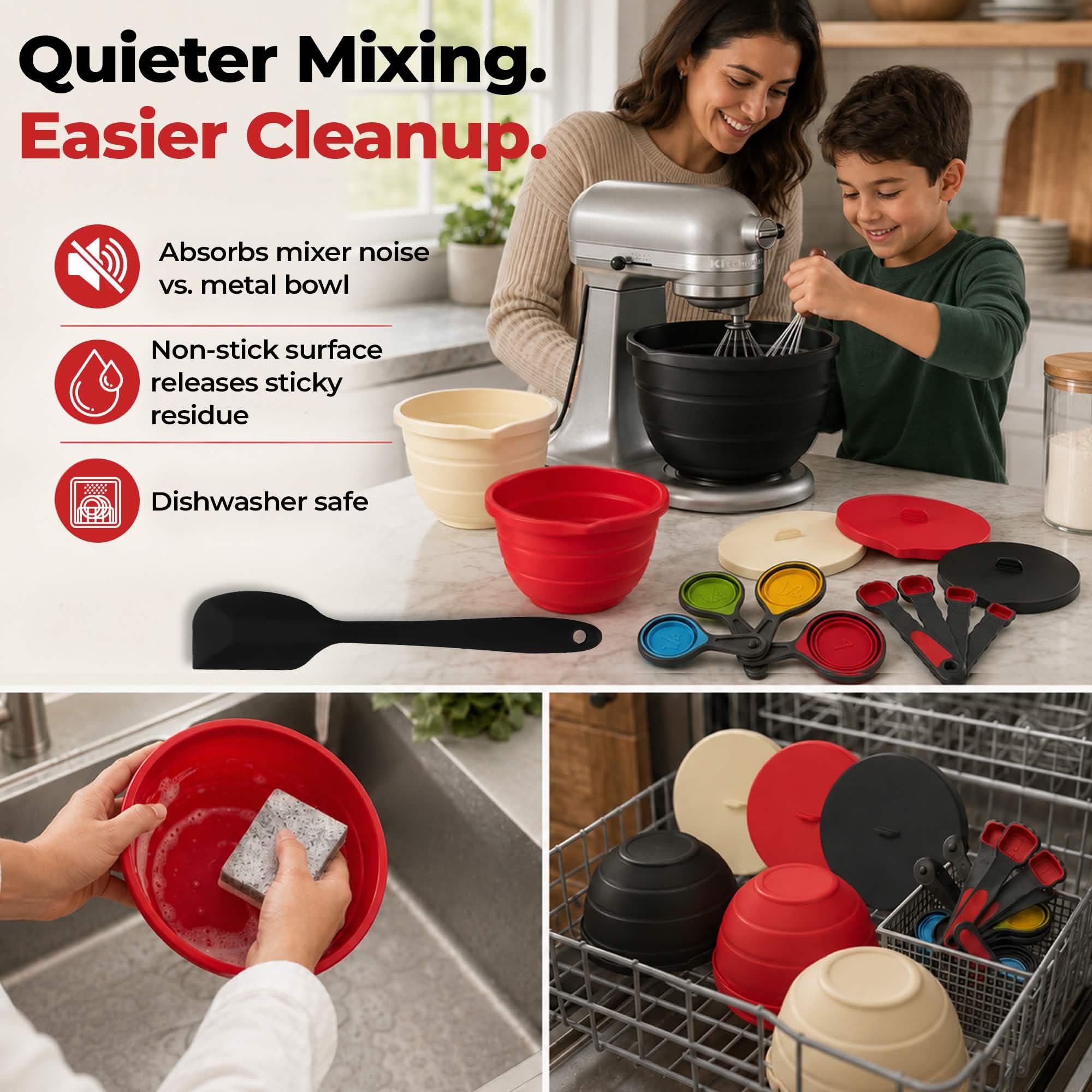 Compact 15-piece collapsible silicone mixing bowl set with lids and spatula