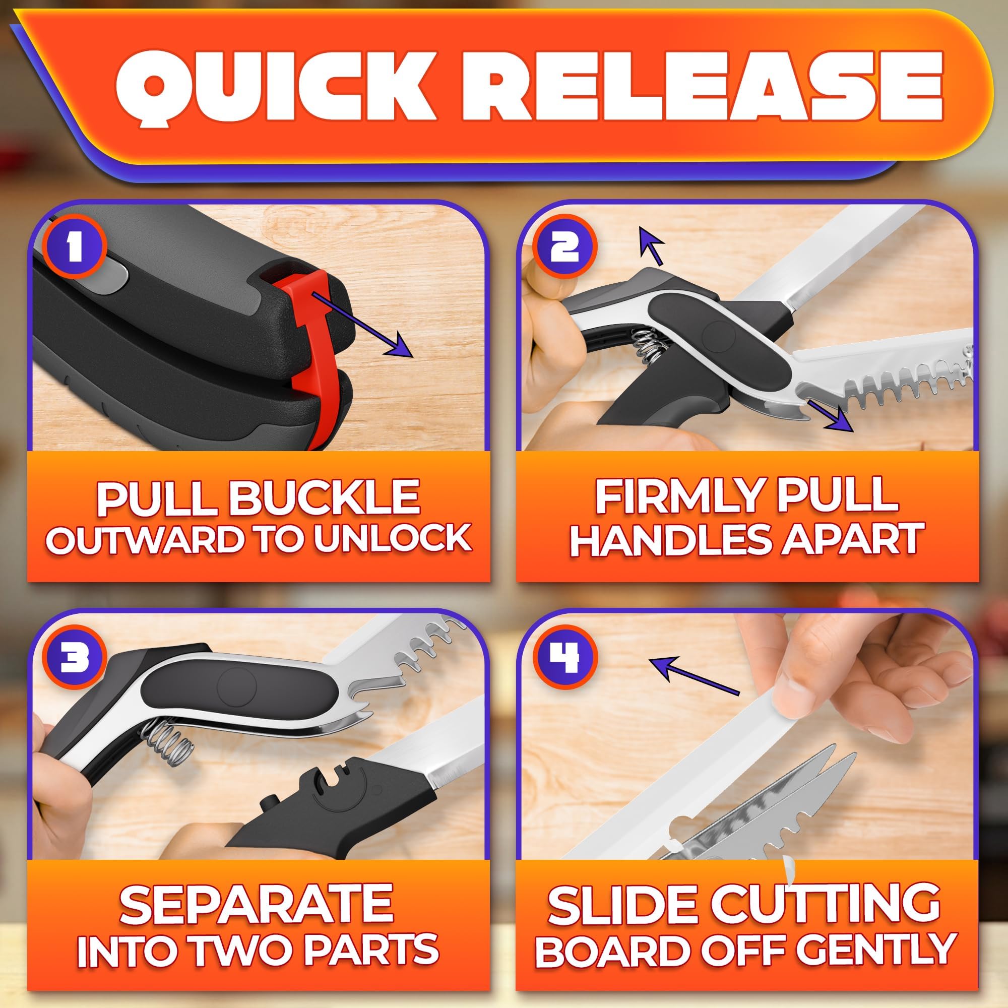 Greens and meat portions cut with versatile kitchen shears