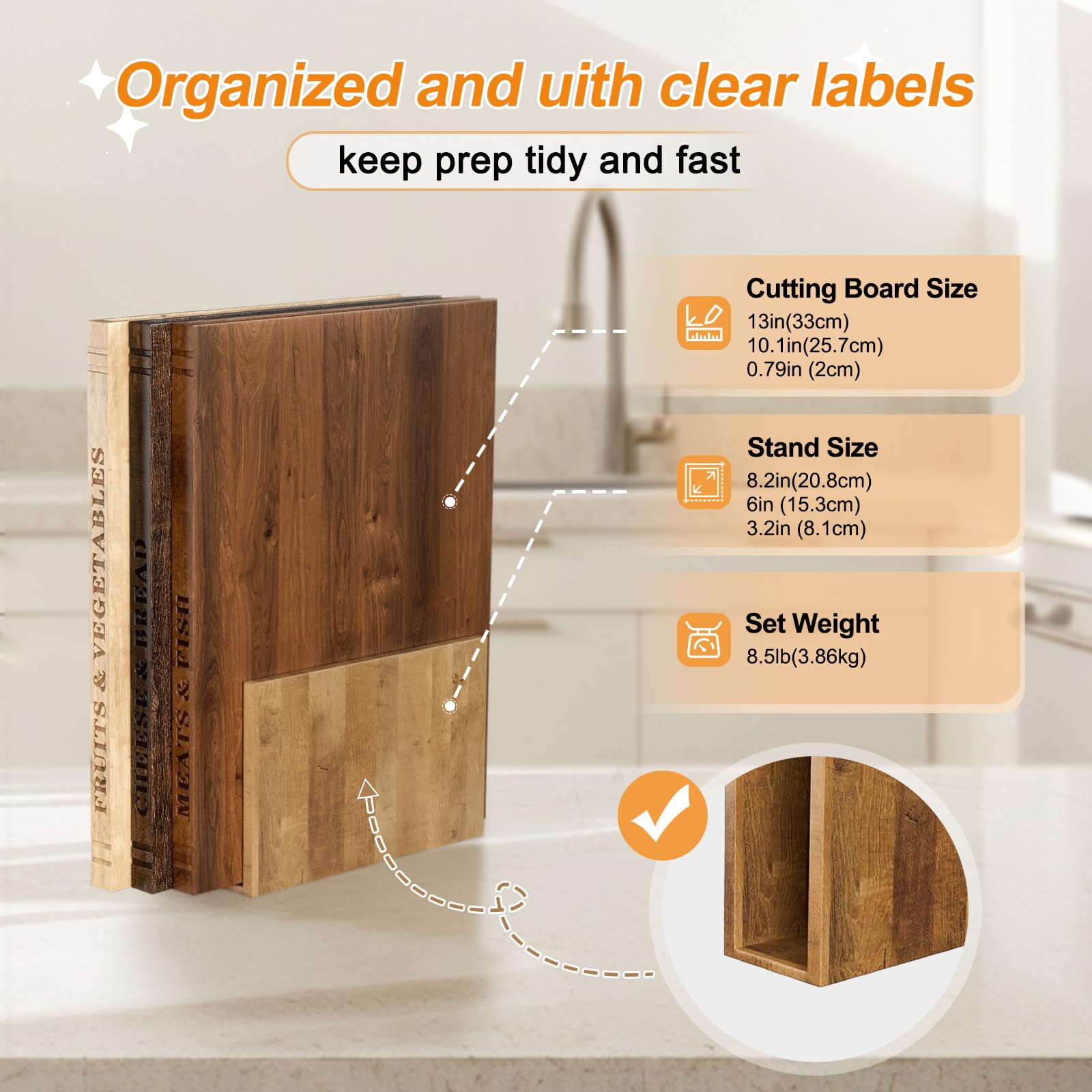 Three-piece acacia wood cutting board set close up with stand