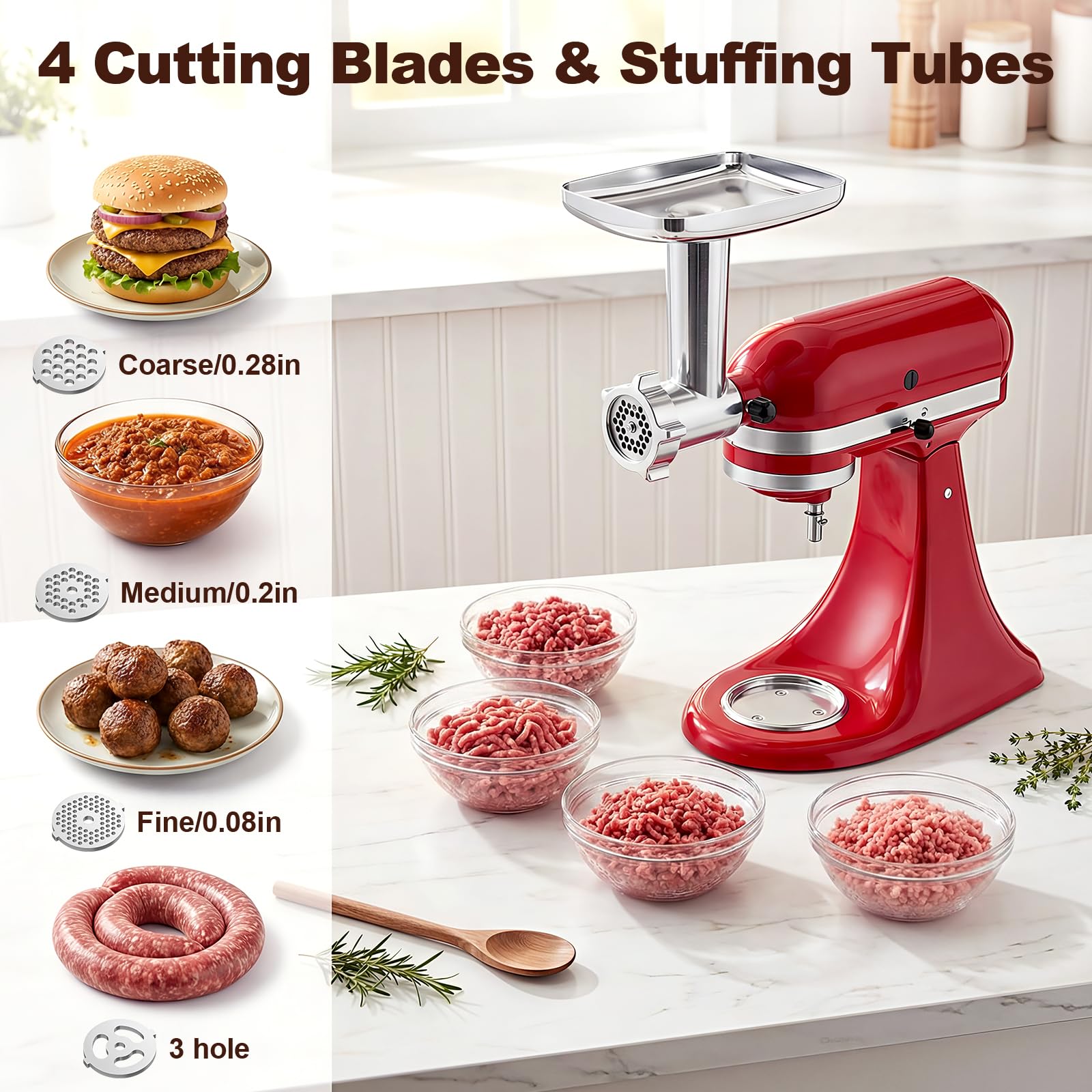 Meat grinder attachment with 4 grinding plates 2 blades and 3 sausage tubes