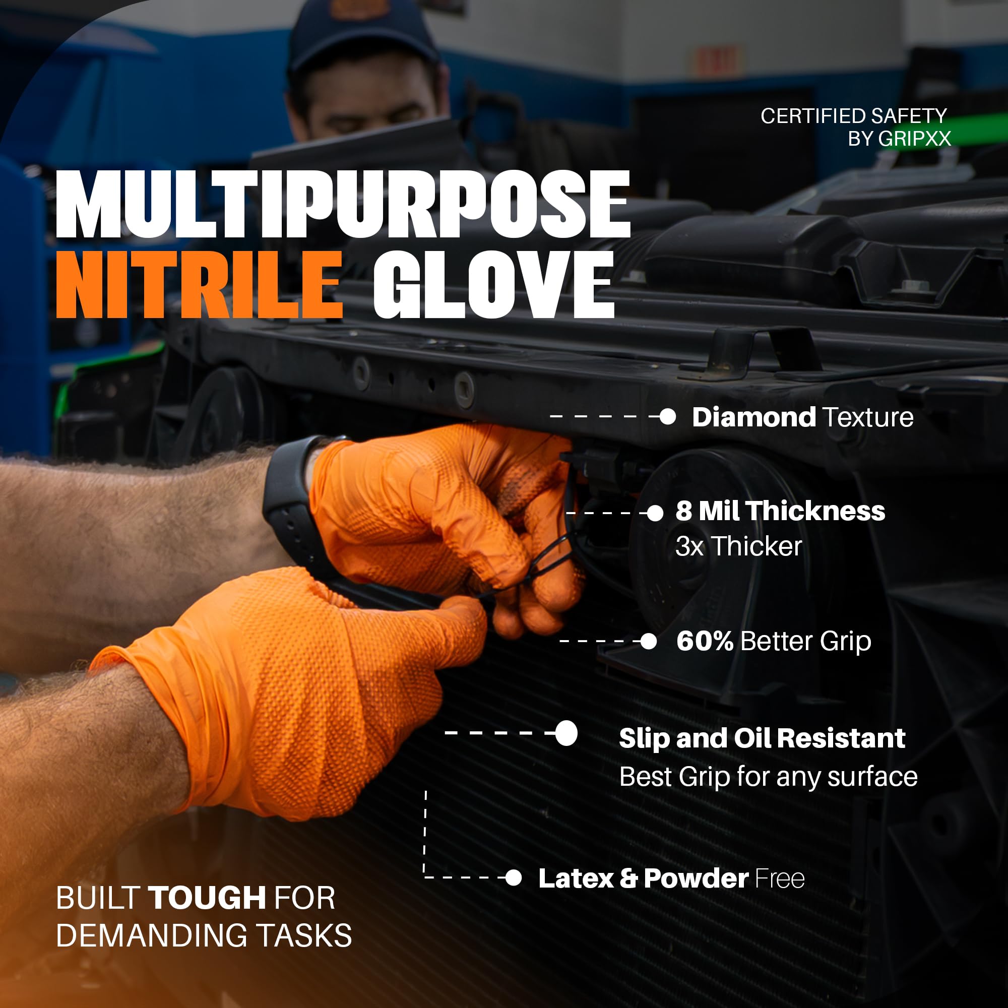 Mechanic use orange nitrile gloves grip and durability