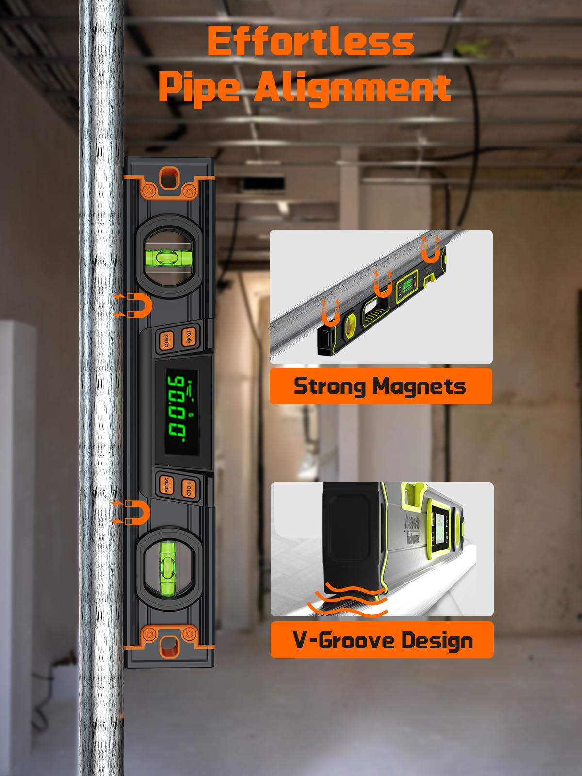 Backlit display on Mecurate digital level for dim environments