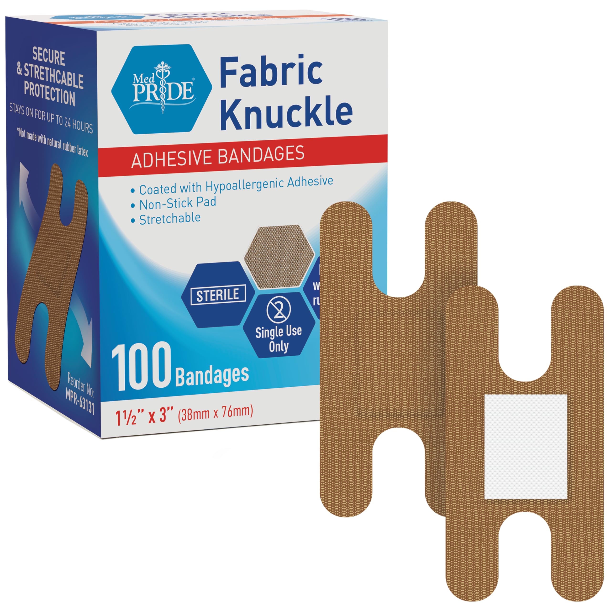Pack of 100 MED PRIDE Fabric Knuckle Bandages 1.5x3 in