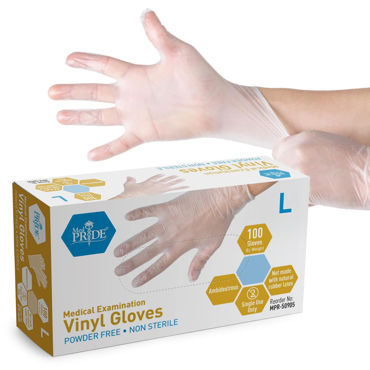 MED PRIDE medical vinyl examination gloves large size 100 count