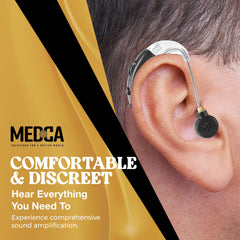 Close up of on/off button on MEDca Behind the Ear Sound Amplifier