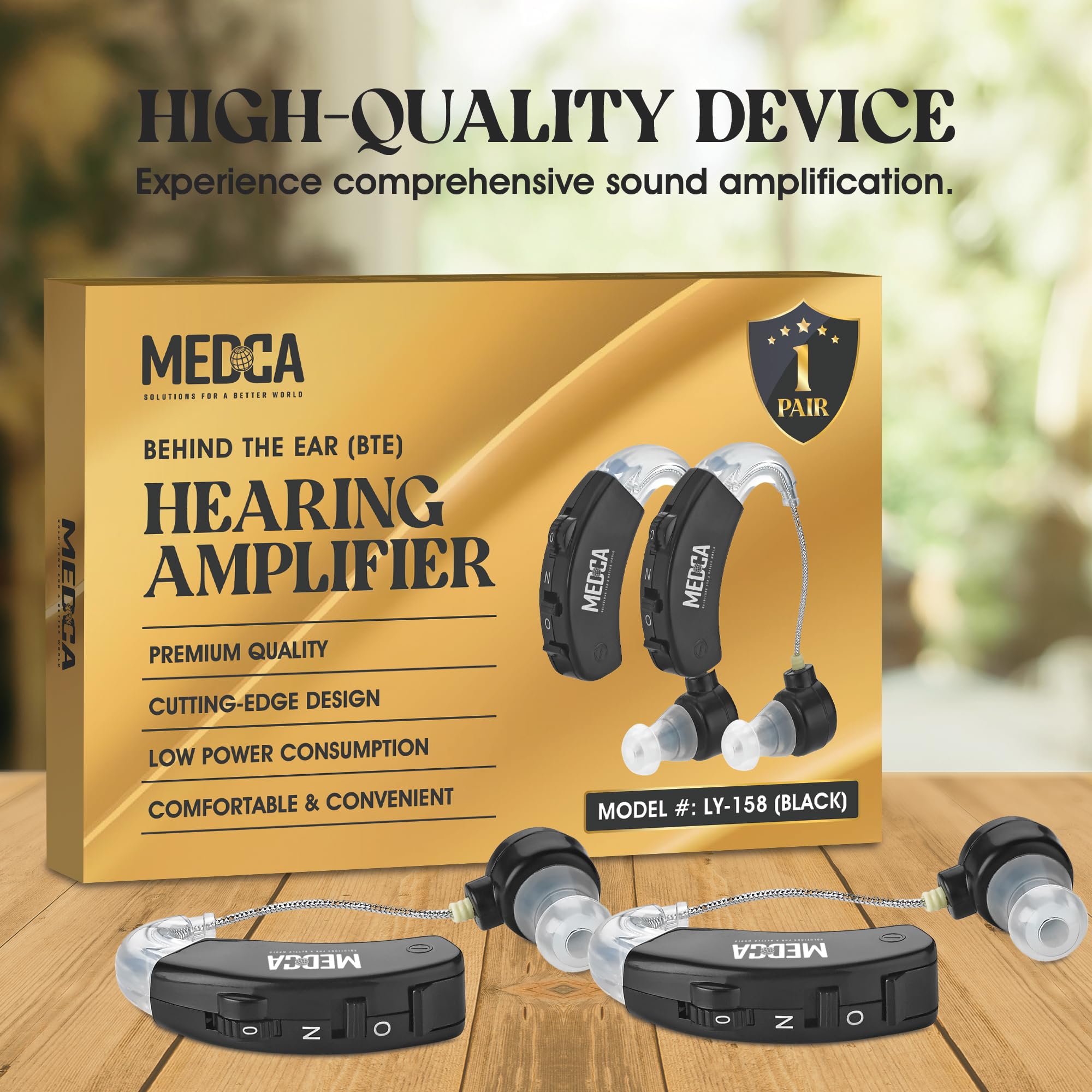 Product shows two high quality BTE amplifiers in black