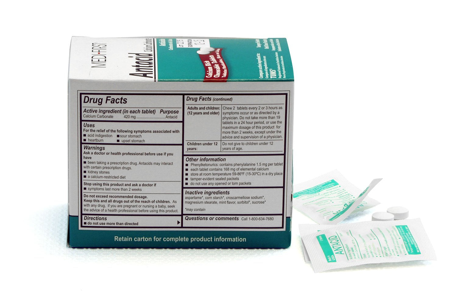Mint flavored chewable calcium carbonate 420 mg antacid tablet