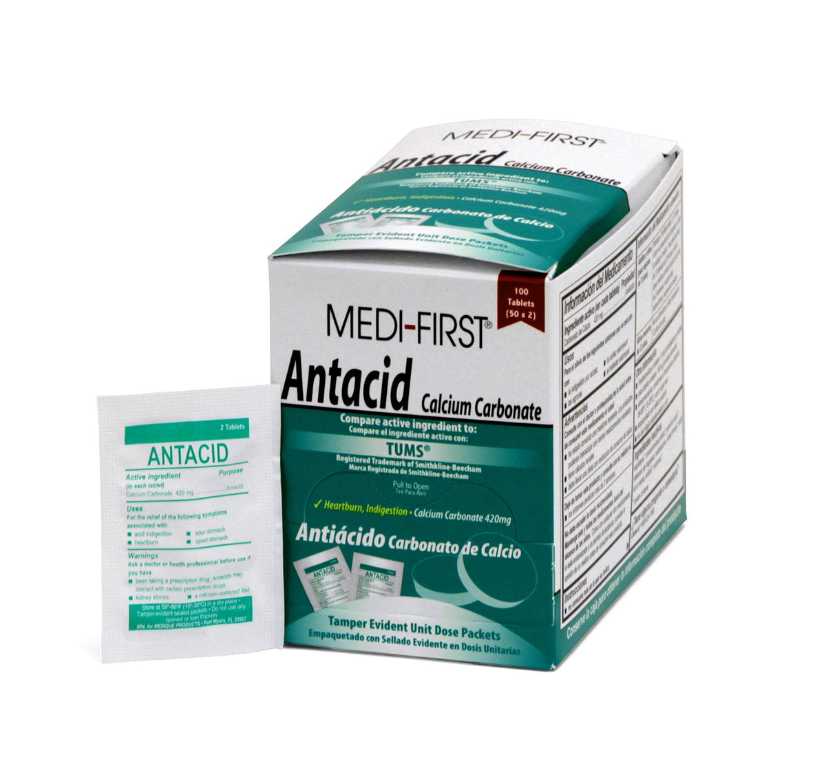 Medi-First 80233 chewable mint antacid tablets box with dispenser opening
