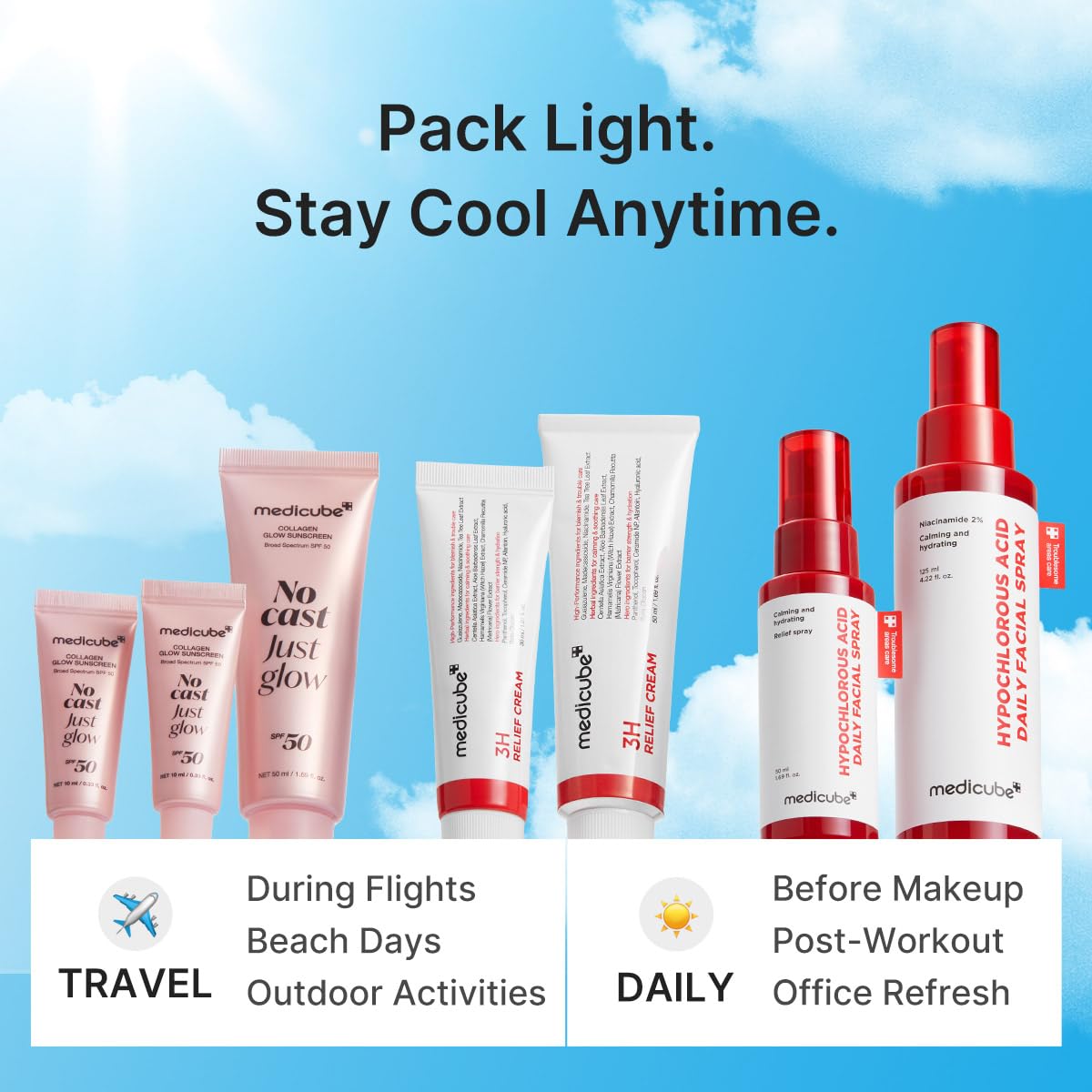 medicube travel-size skincare trio packaging