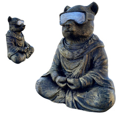Meditating bear with VR glasses figurine on desk