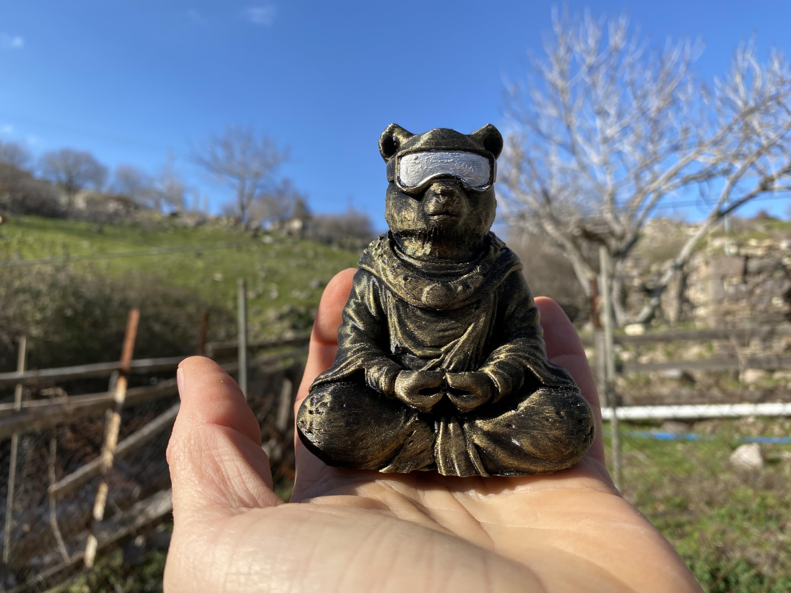 Meditation ornament featuring VR bear at desk