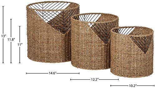 Gold accents on seagrass storage baskets with metal mesh and side handles