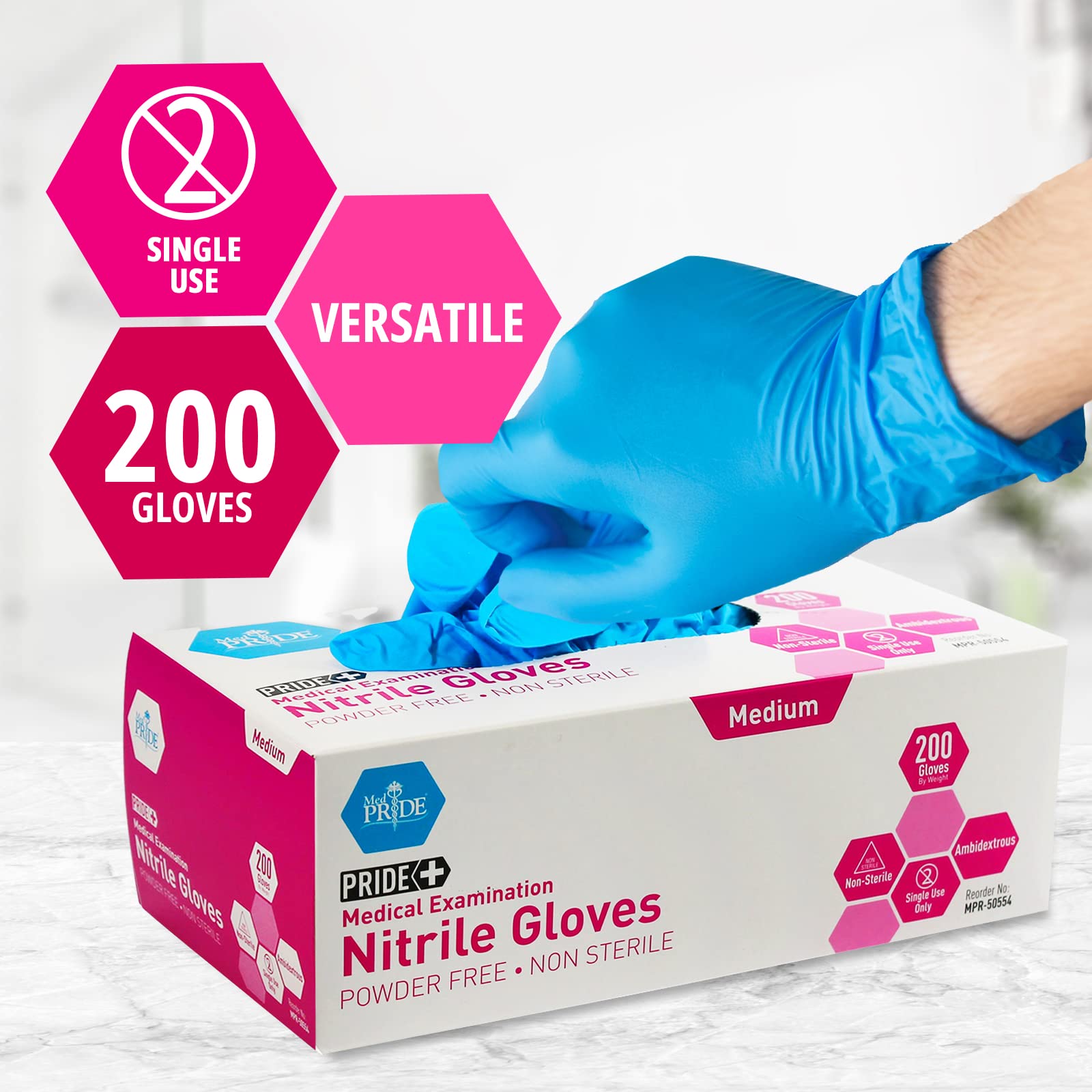 Blue nitrile gloves used in medical care and arts and crafts