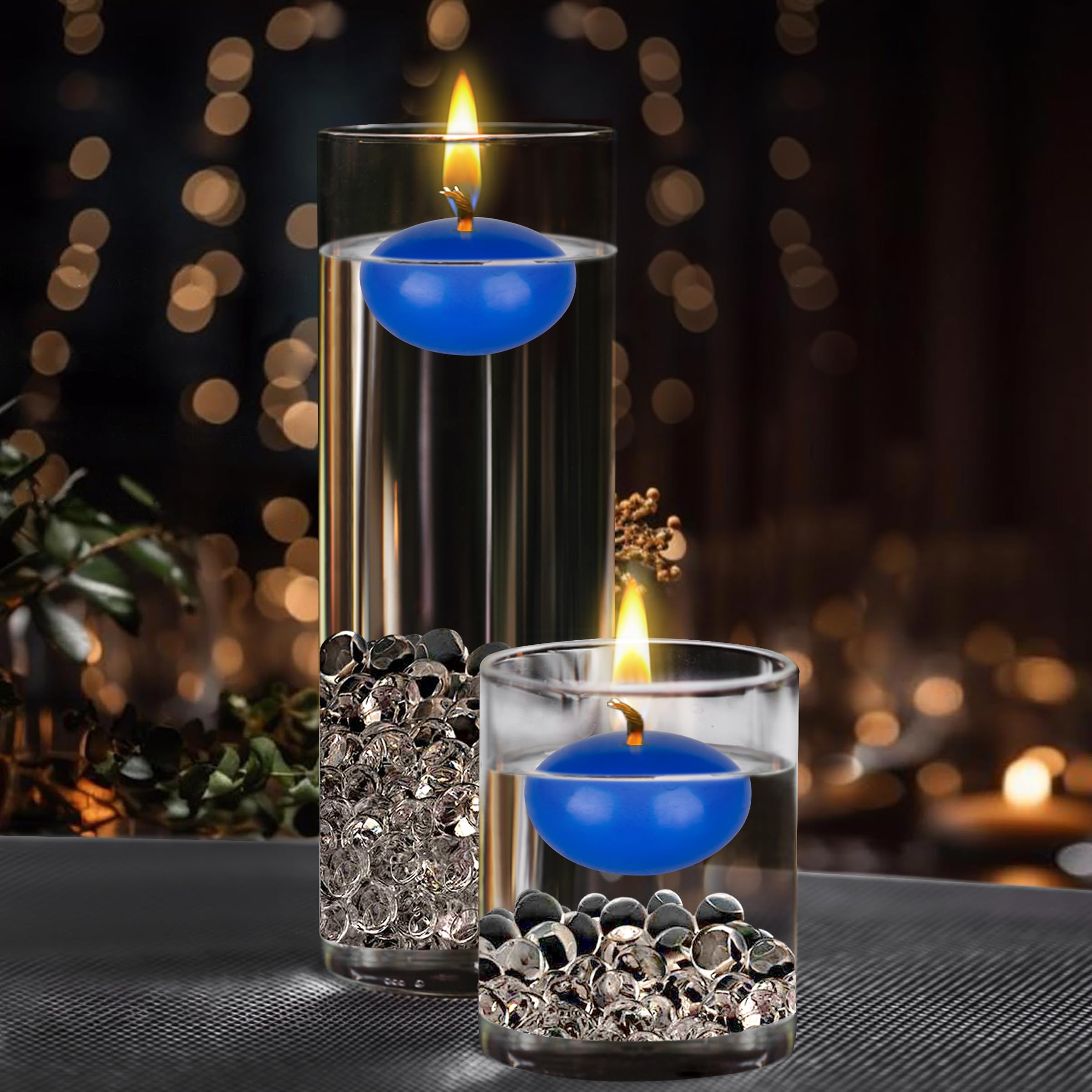 Blue floating disc candles used as table centerpieces and decor