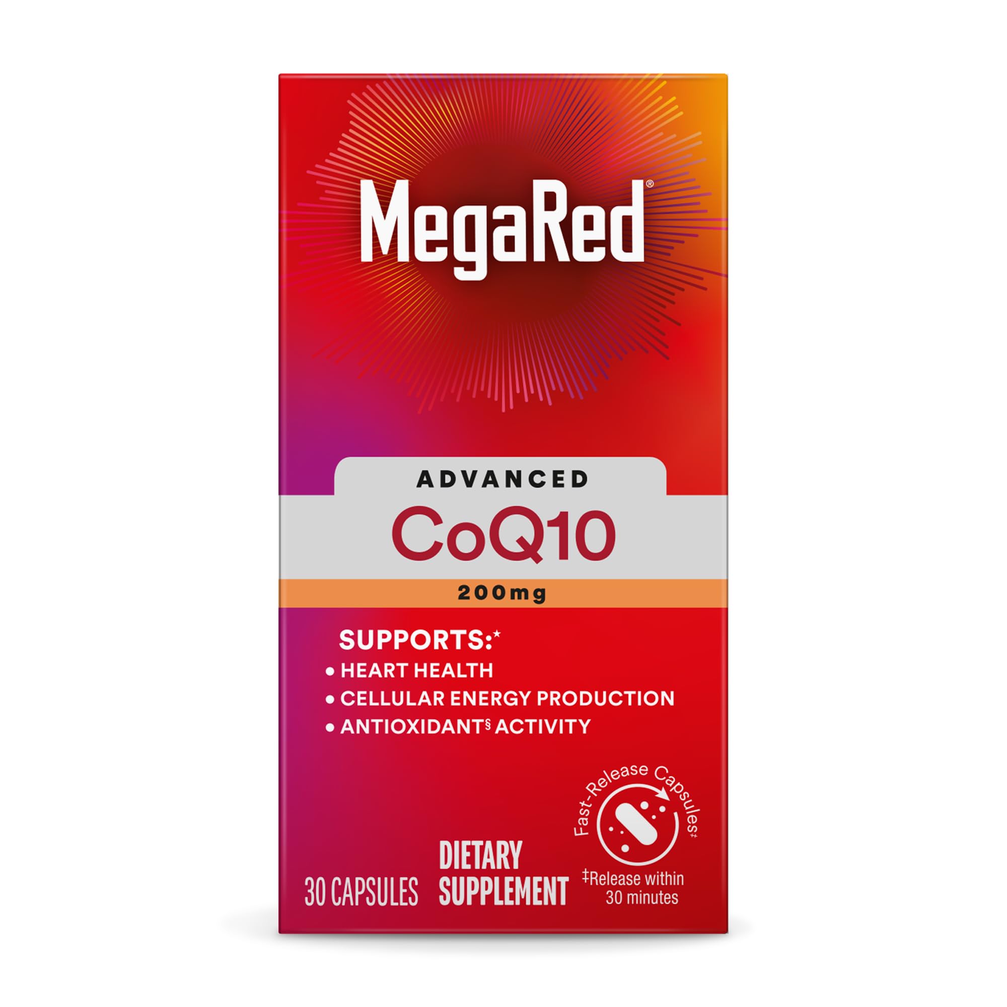 MegaRed CoQ10 supplement capsules close up