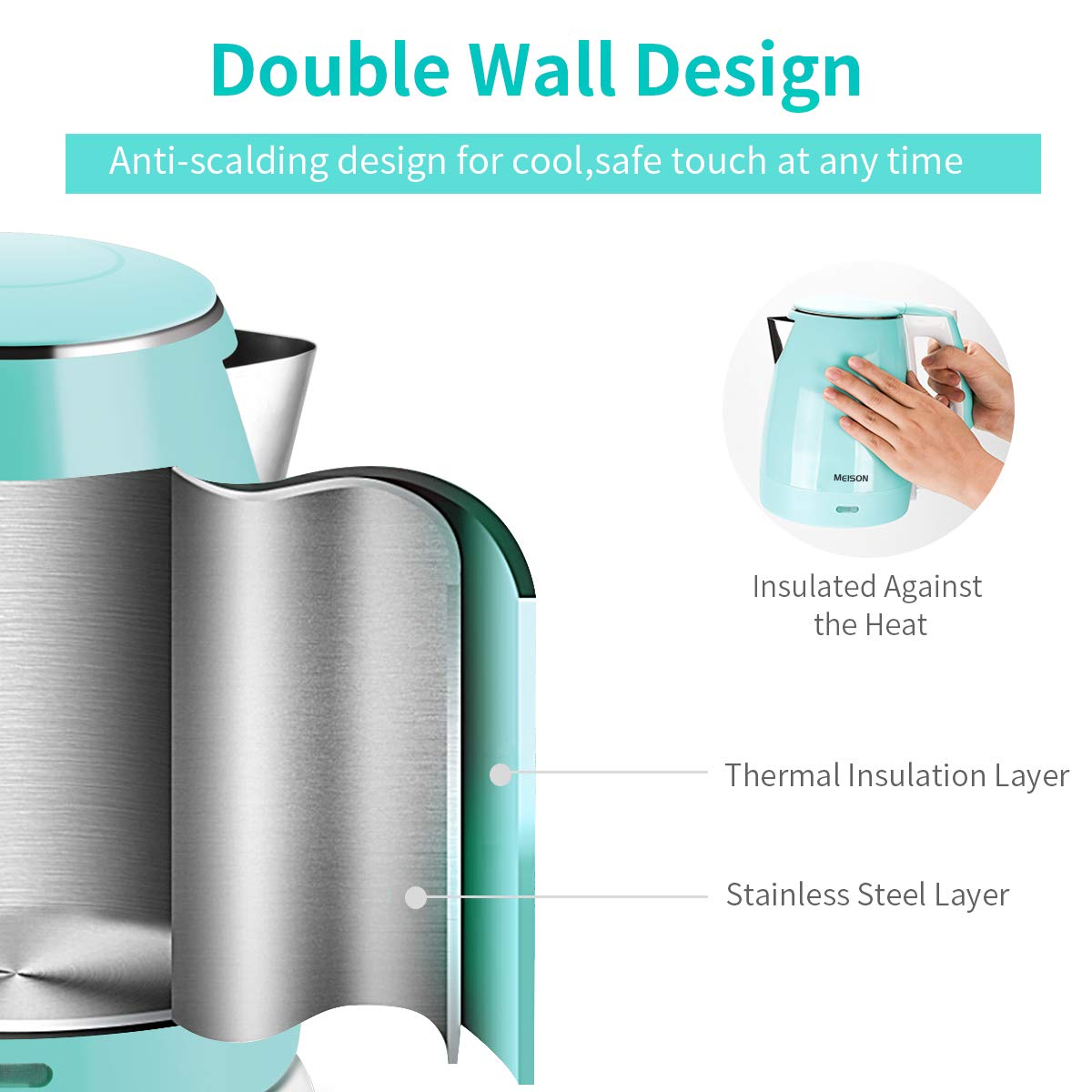 Double wall kettle design keeps exterior cool to touch