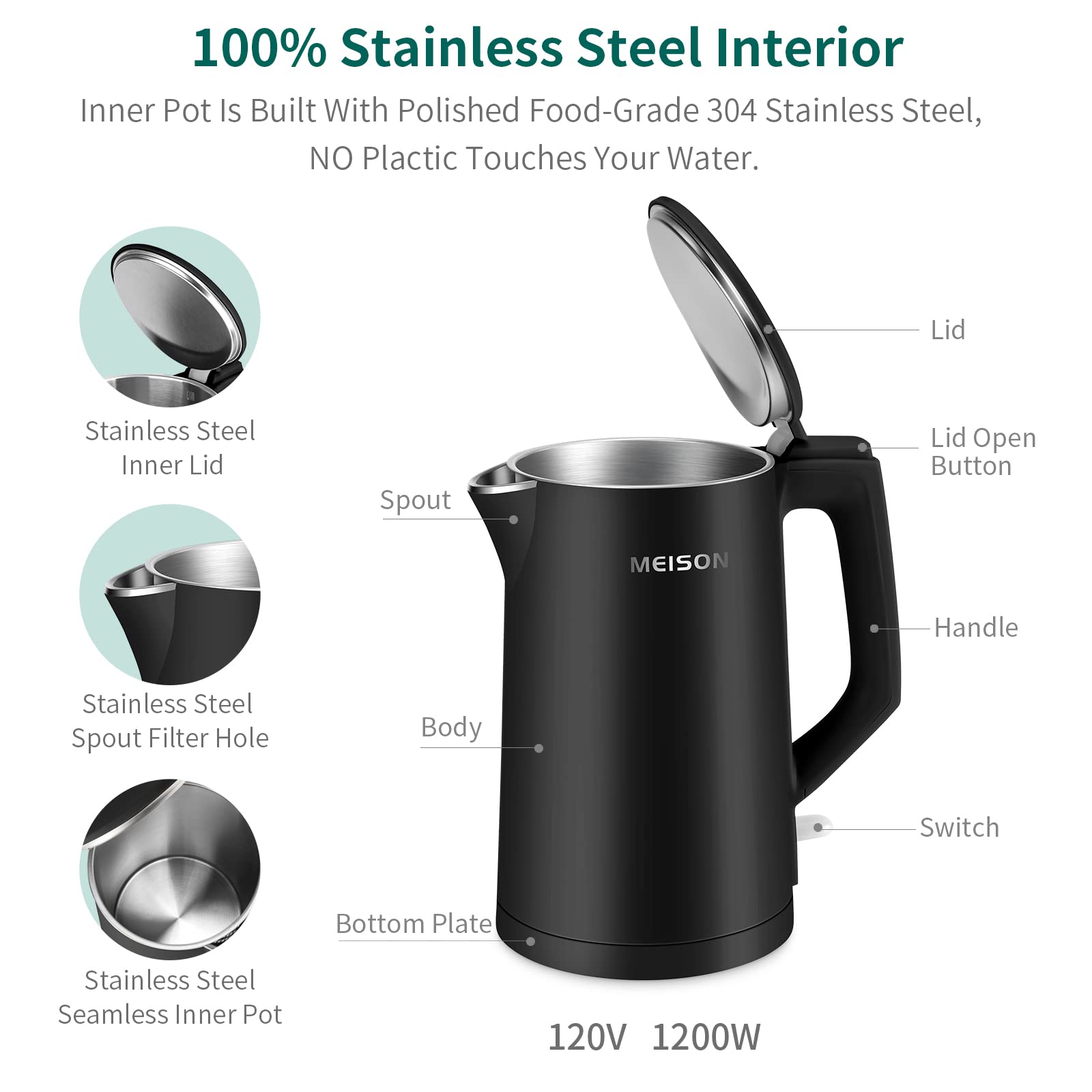 MEISON Electric Kettle 1.7 L stainless interior