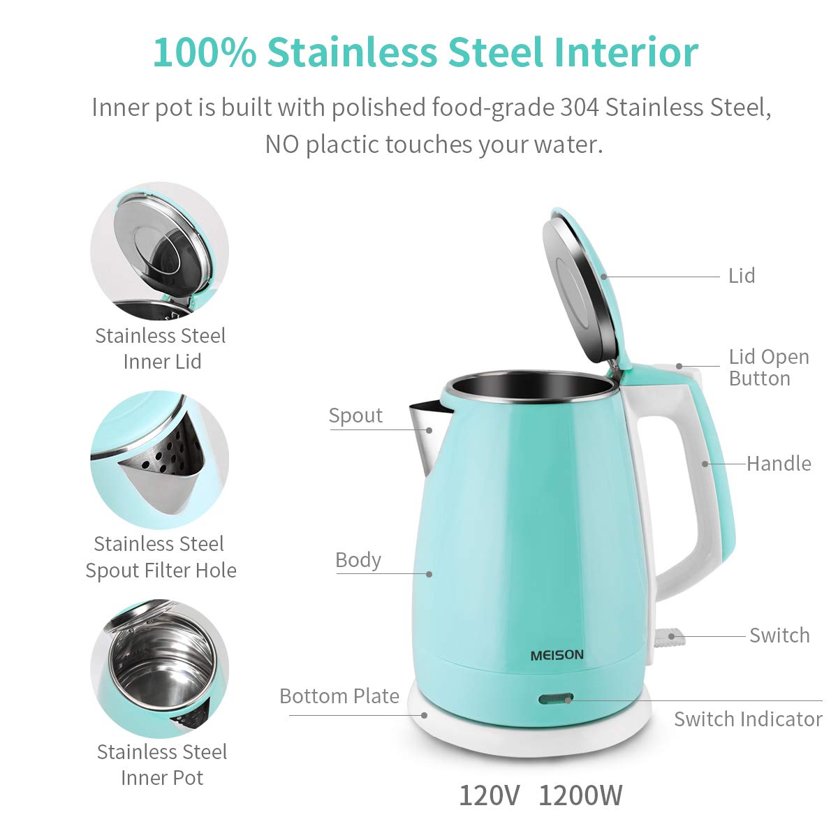 Interior stainless steel does not contact hot water in MEISON kettle