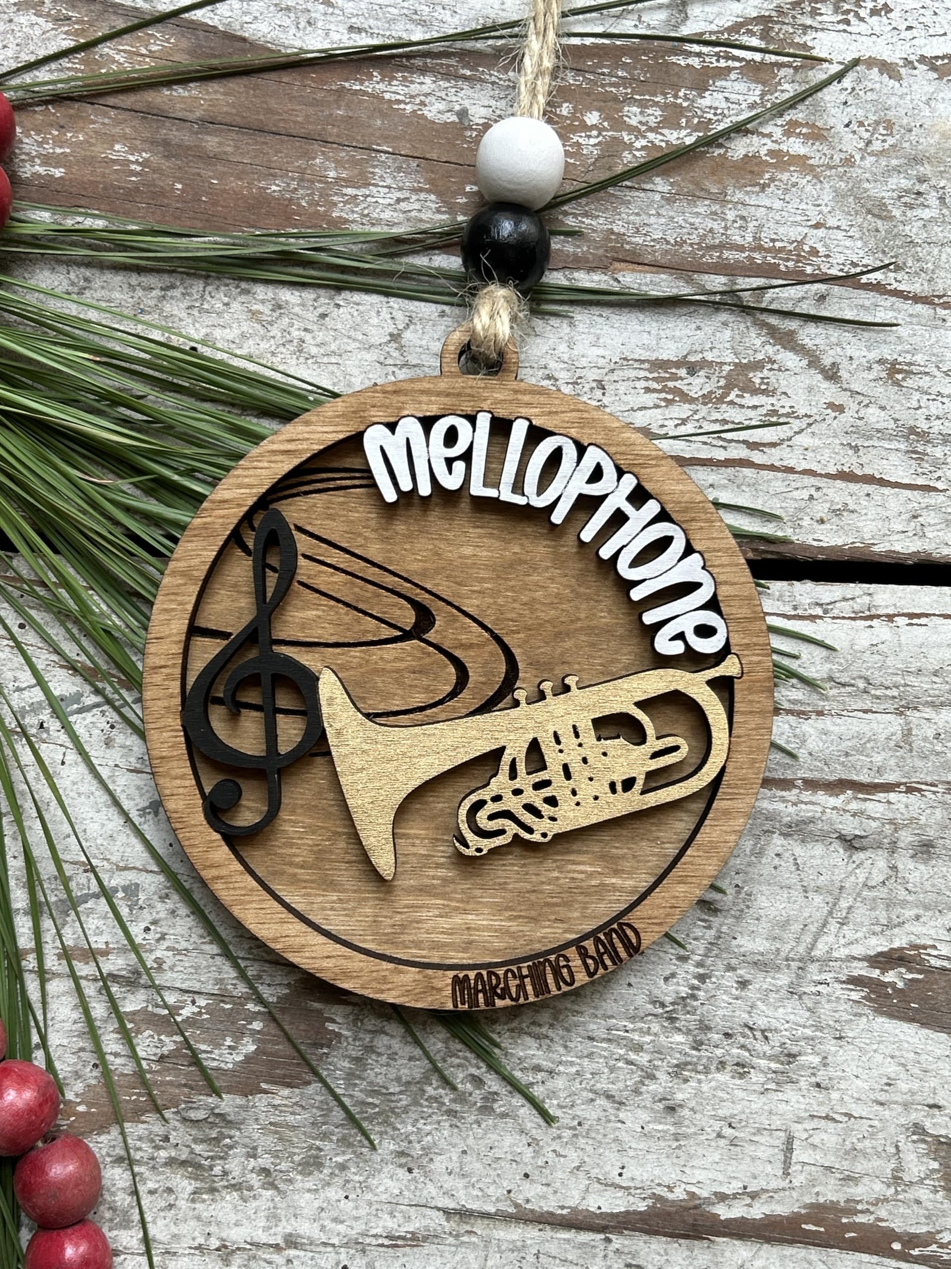 Two-layer handpainted wood ornament with mellophone motif