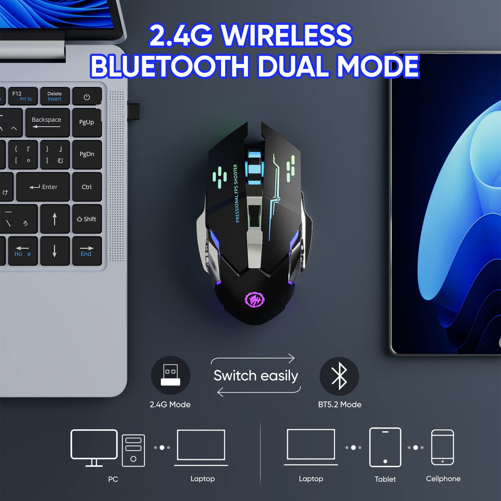 MELOGAGA black RGB backlit wireless mouse with USB receiver