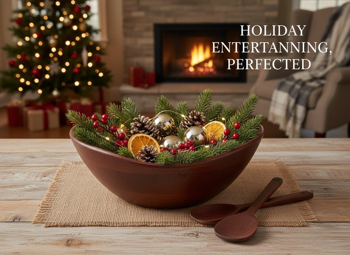Large 12 inch wooden salad bowl suitable for entertaining