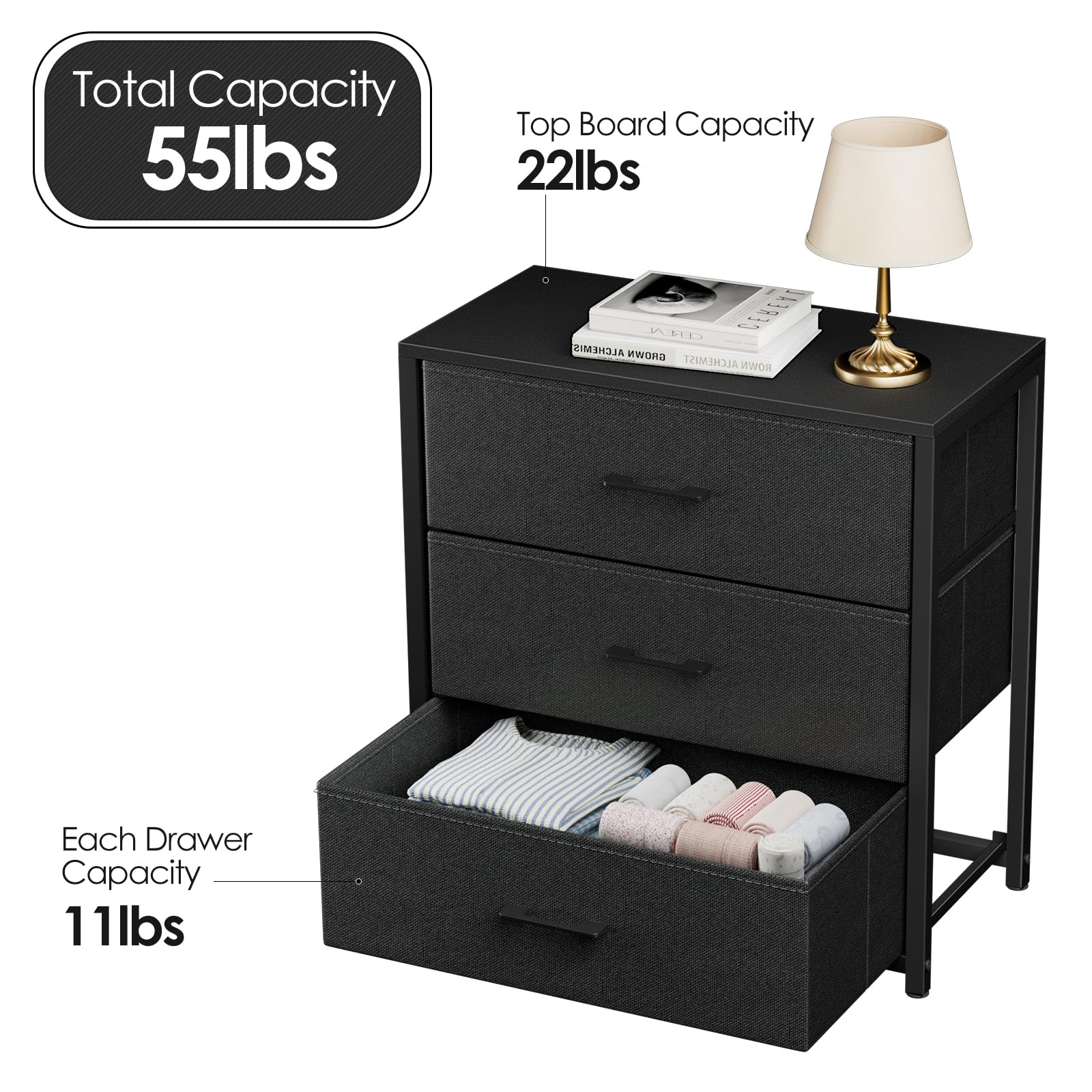 Memobarco nightstand fabric drawers black top wood-look