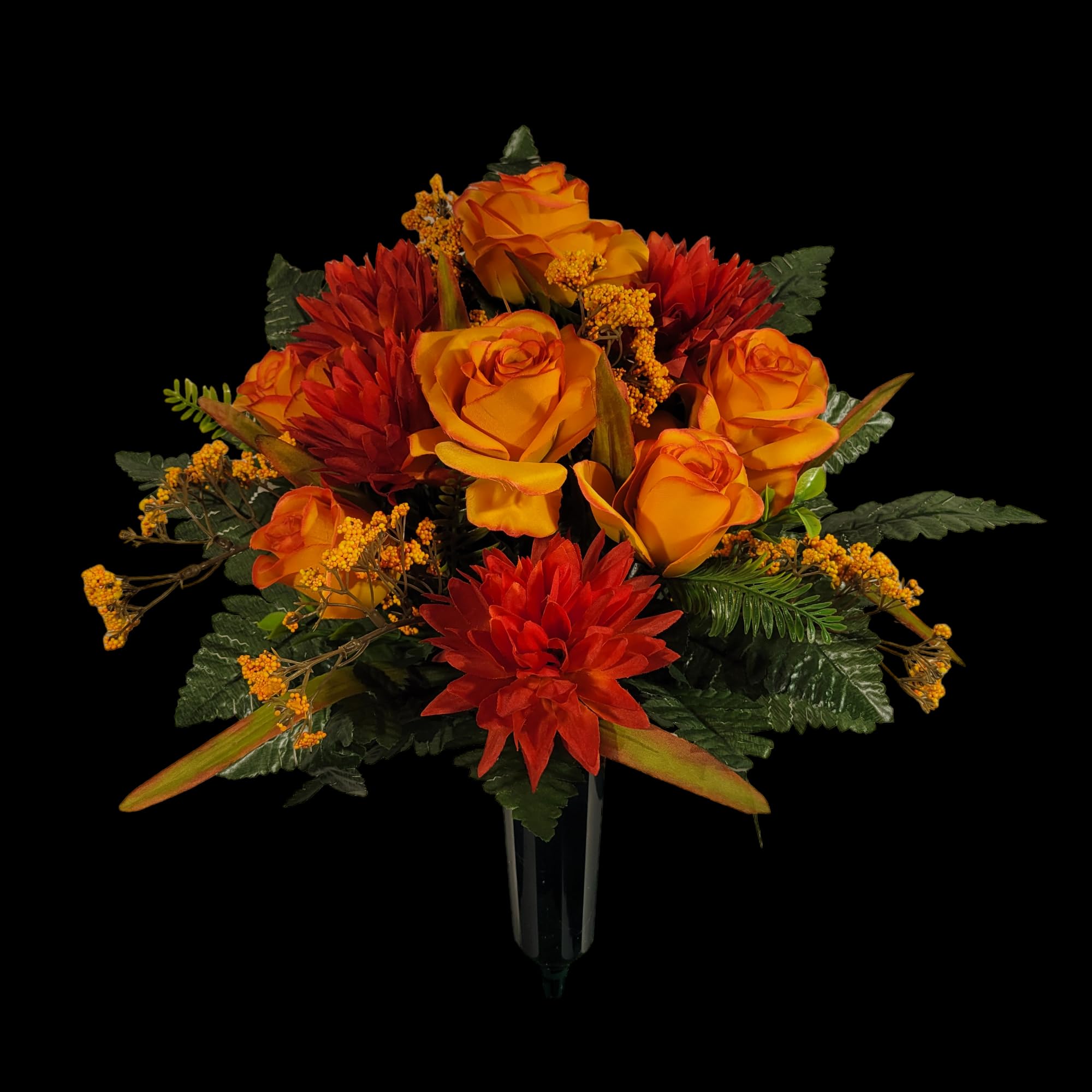Memorial decoration using faux silk grave flowers in a cone