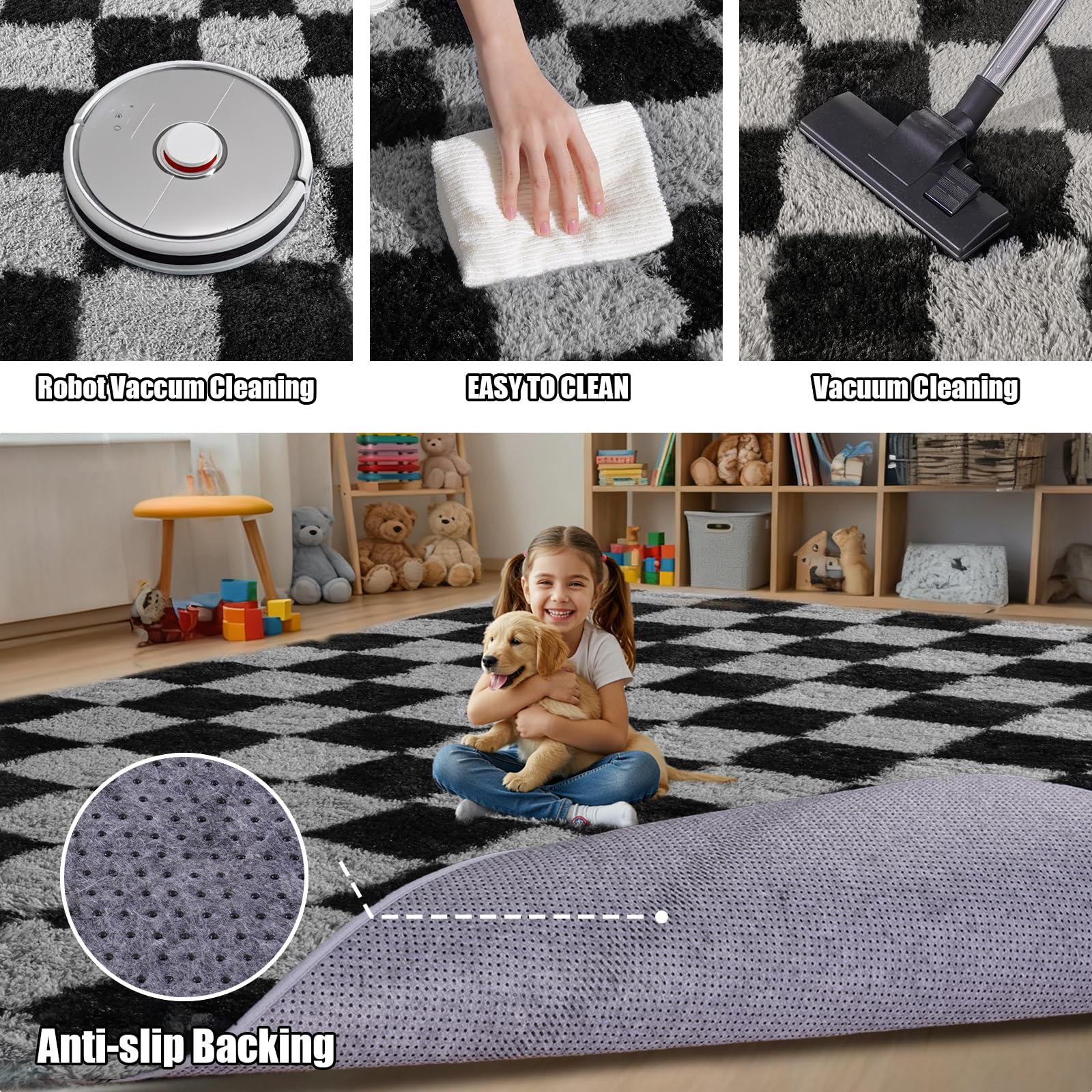 Non-slip dot-molded backing on rug