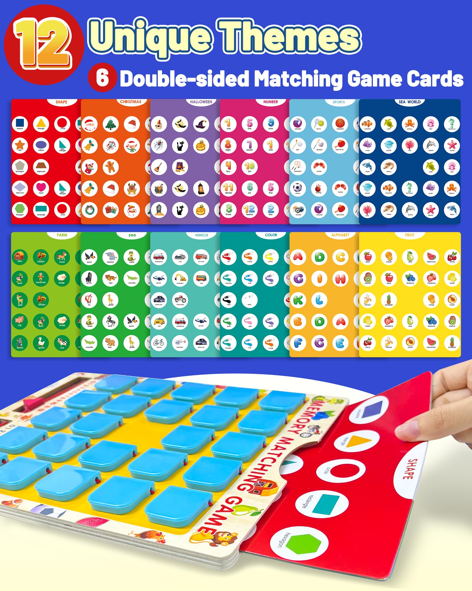 Memory game 12 themes including shape color alphabet and more