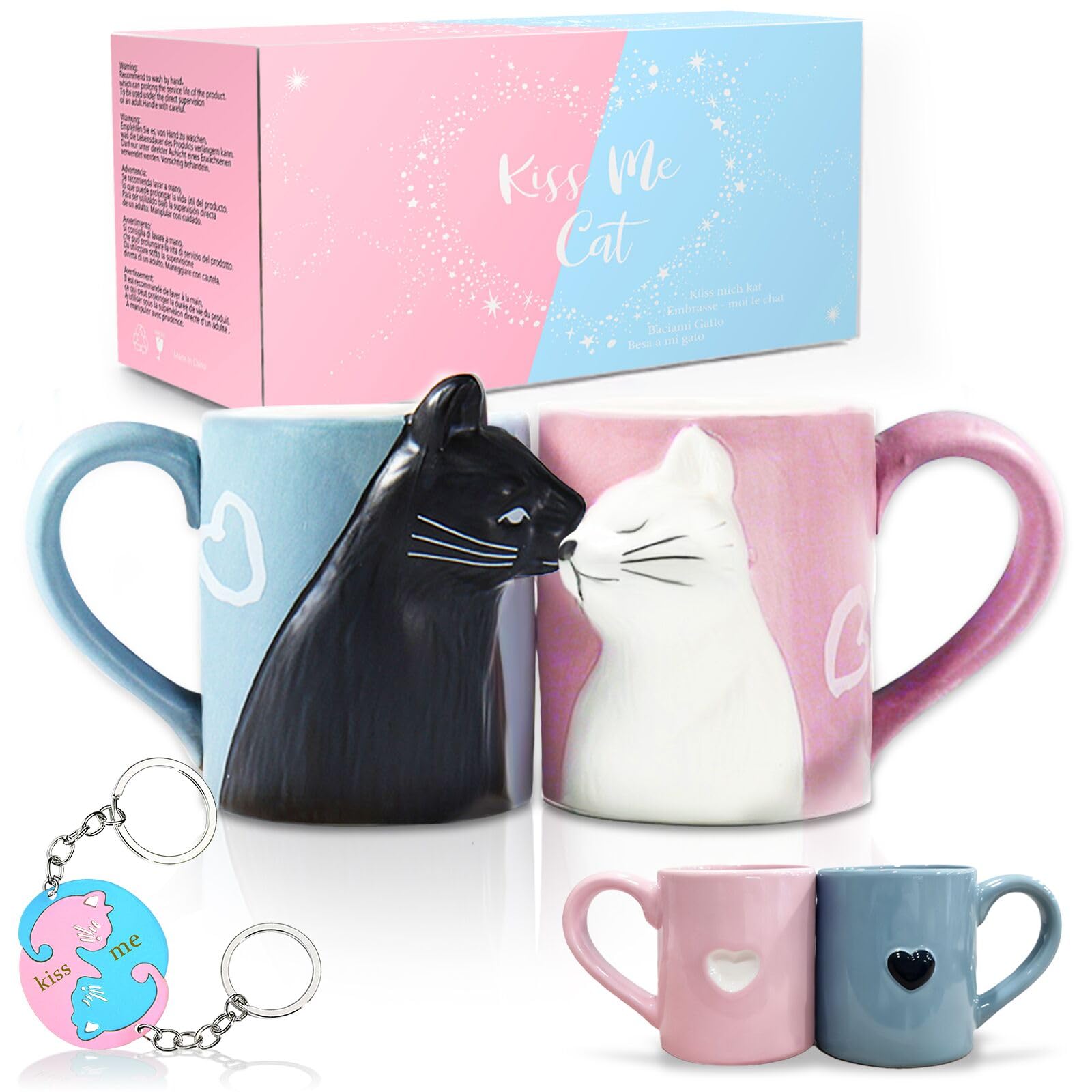 MengCat kissing cat mugs set blue and pink 12oz