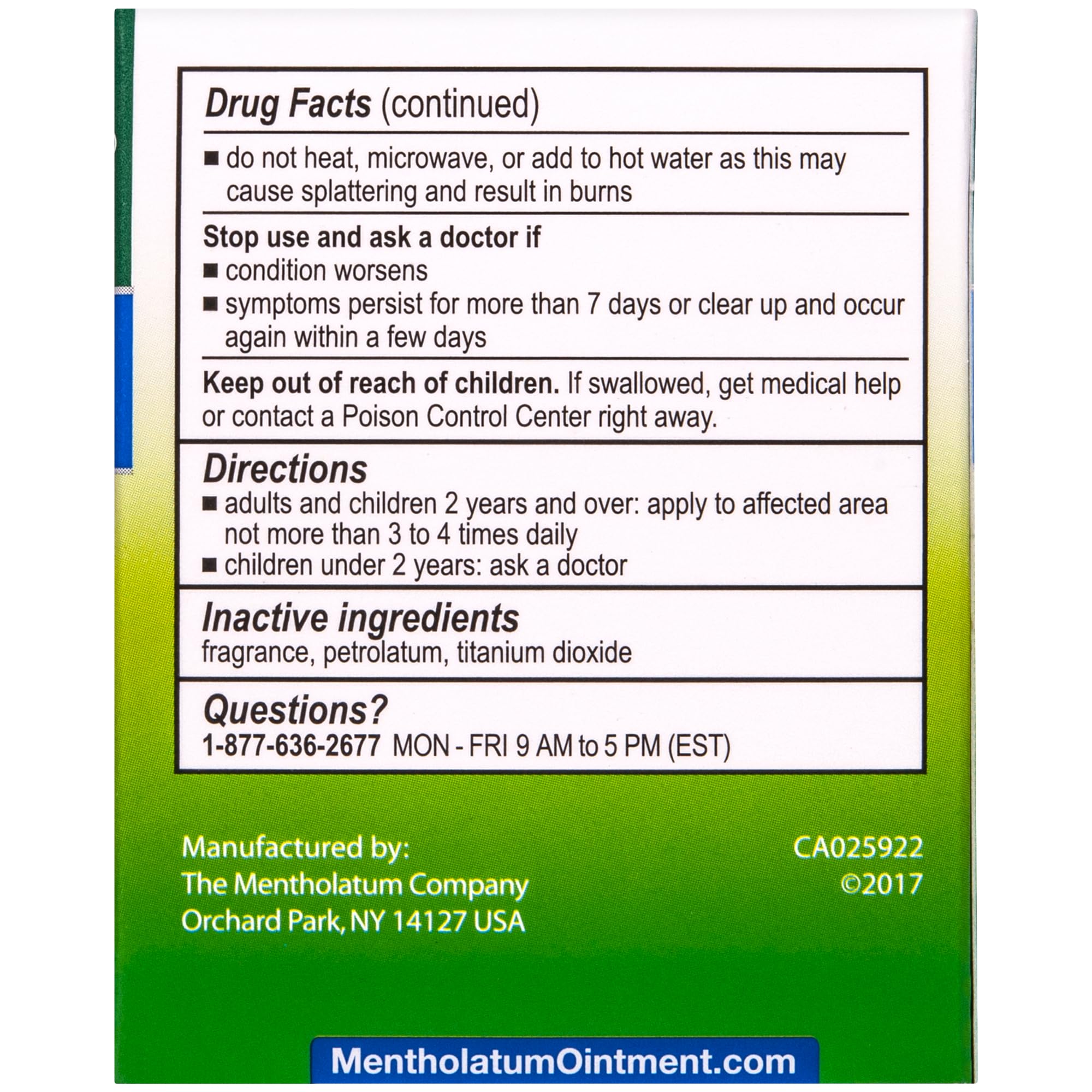 Mentholatum Original Vapor Chest Rub 3 oz packaging back view