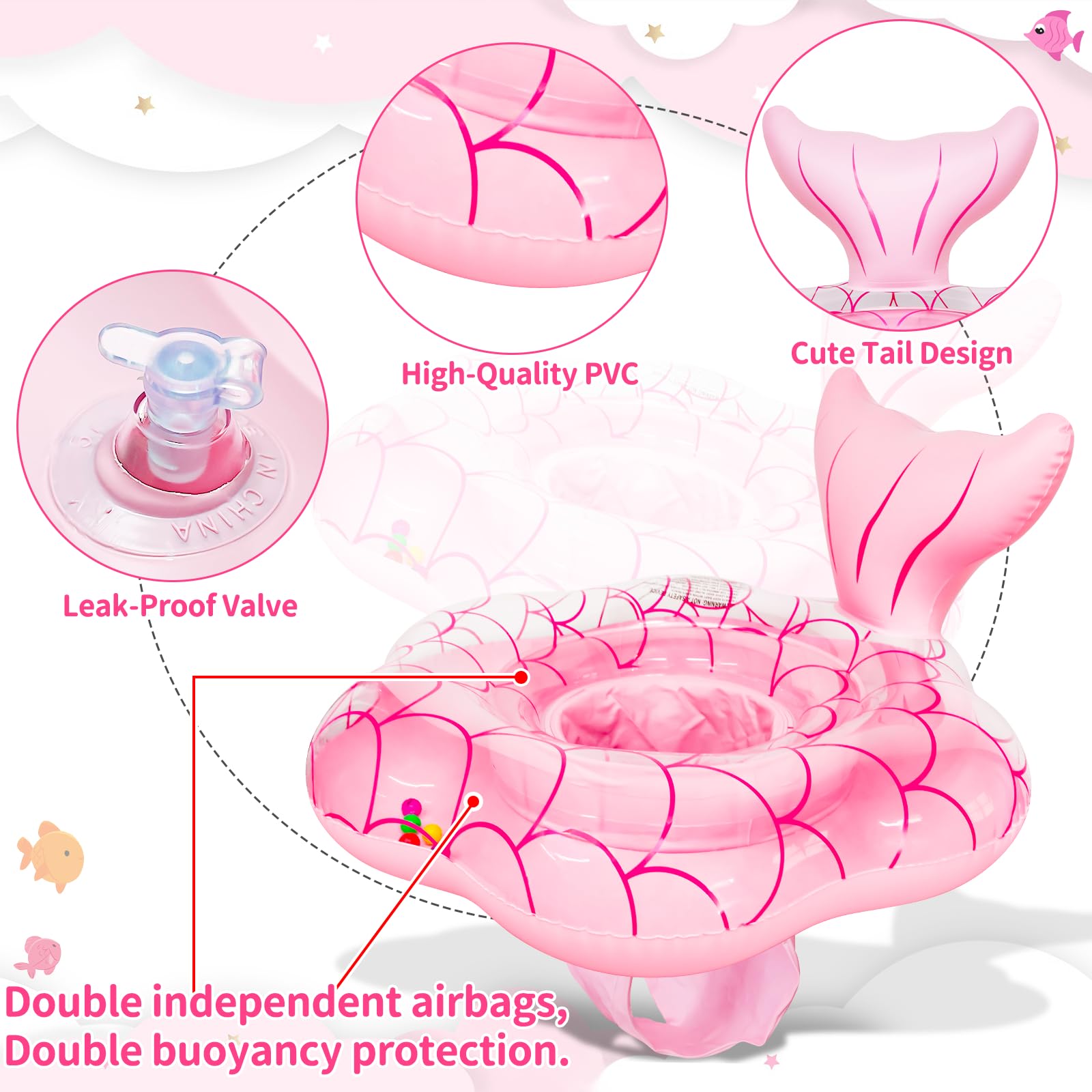 Infant toddler pool float with upright seat and mermaid design