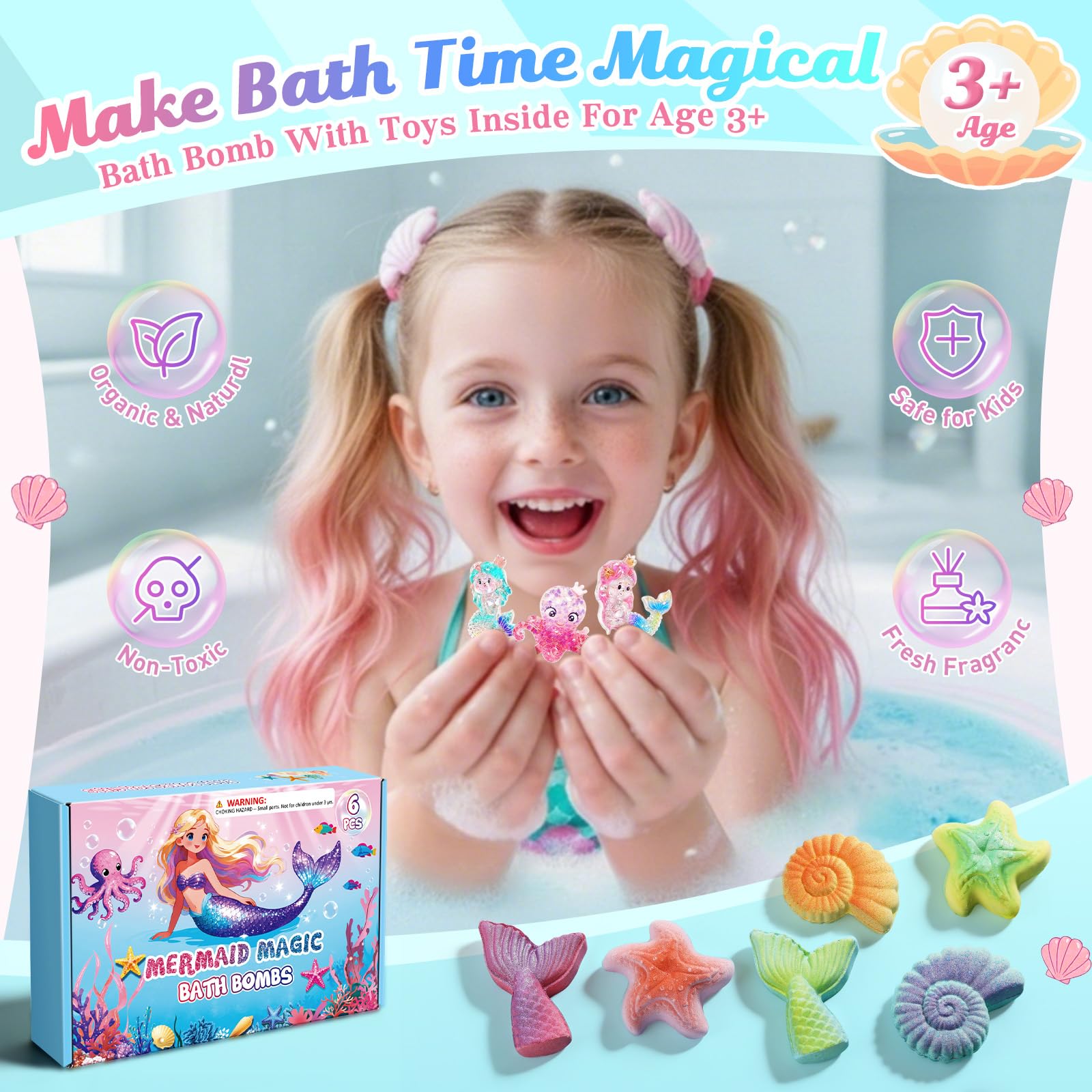 Girls aged 4 and above mermaid bath bombs with toys inside