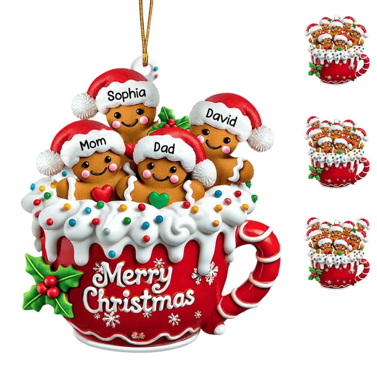 Merry Christmas personalized gingerbread family ornament on tree