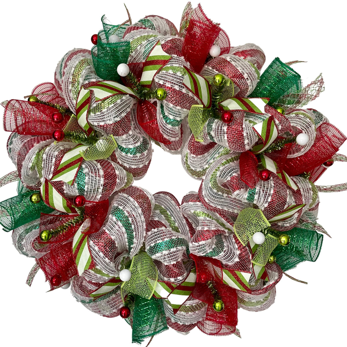 Merry Christmas Red and Green Striped Ribbon Wreath handmade deco mesh