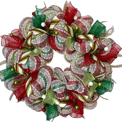Merry Christmas Red and Green Striped Ribbon Wreath handmade deco mesh