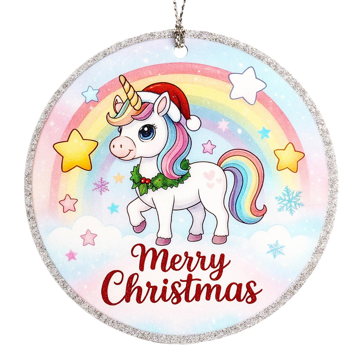 Merry Christmas Unicorn ornament rainbow pony design