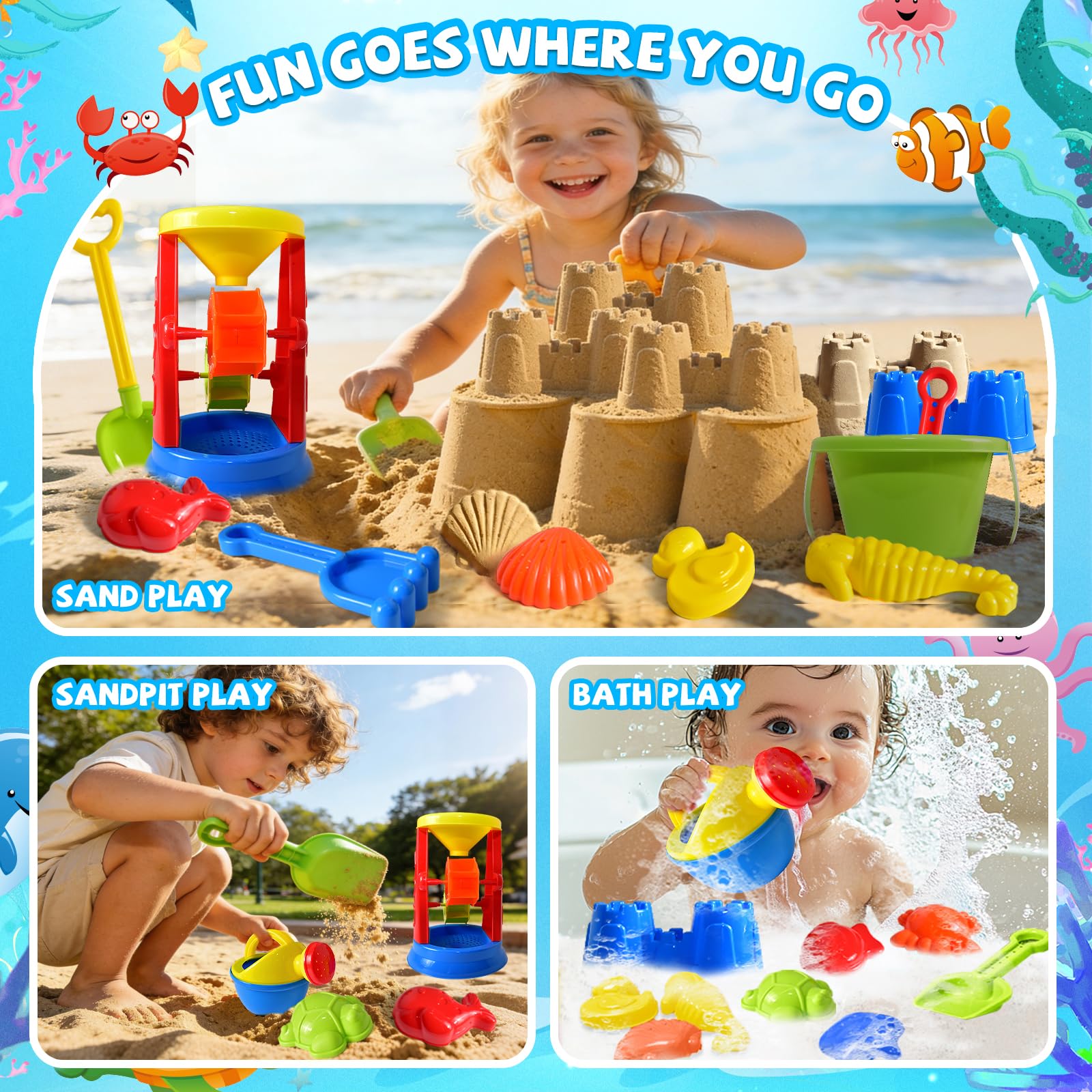 Kids using colorful molds for sandcastle play