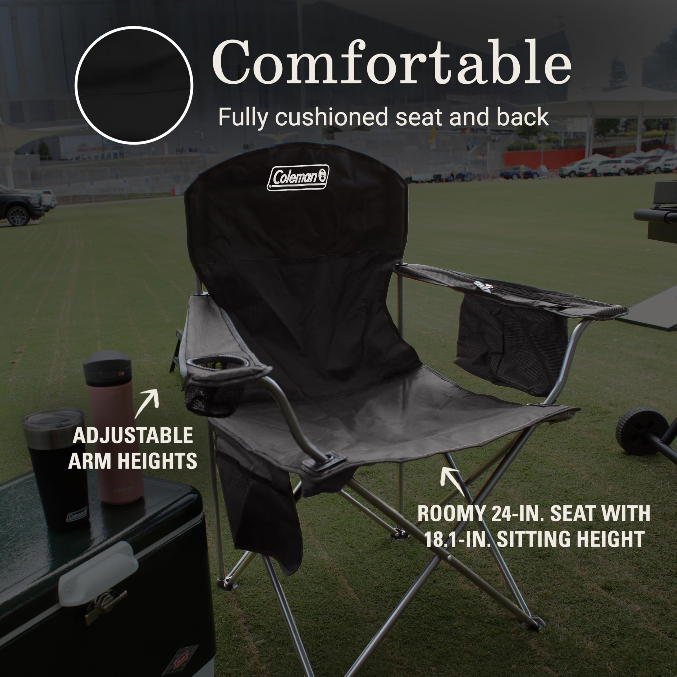 Sturdy steel frame supports Coleman portable chair