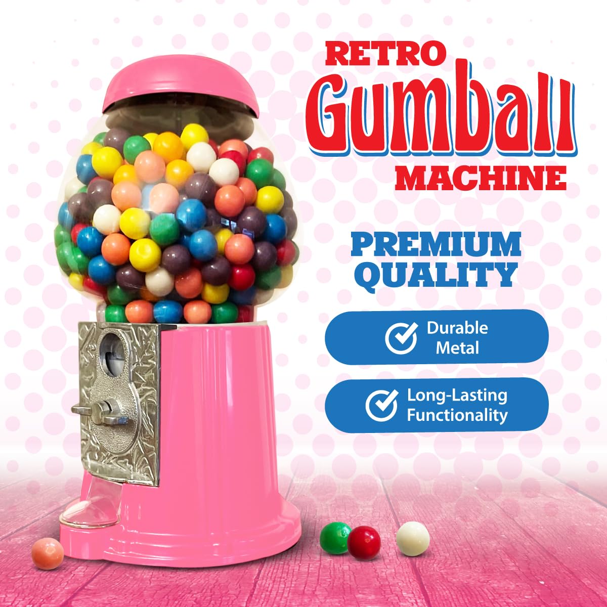 Metal 11-Inch pink retro gumball machine for 0.62 inch gumballs