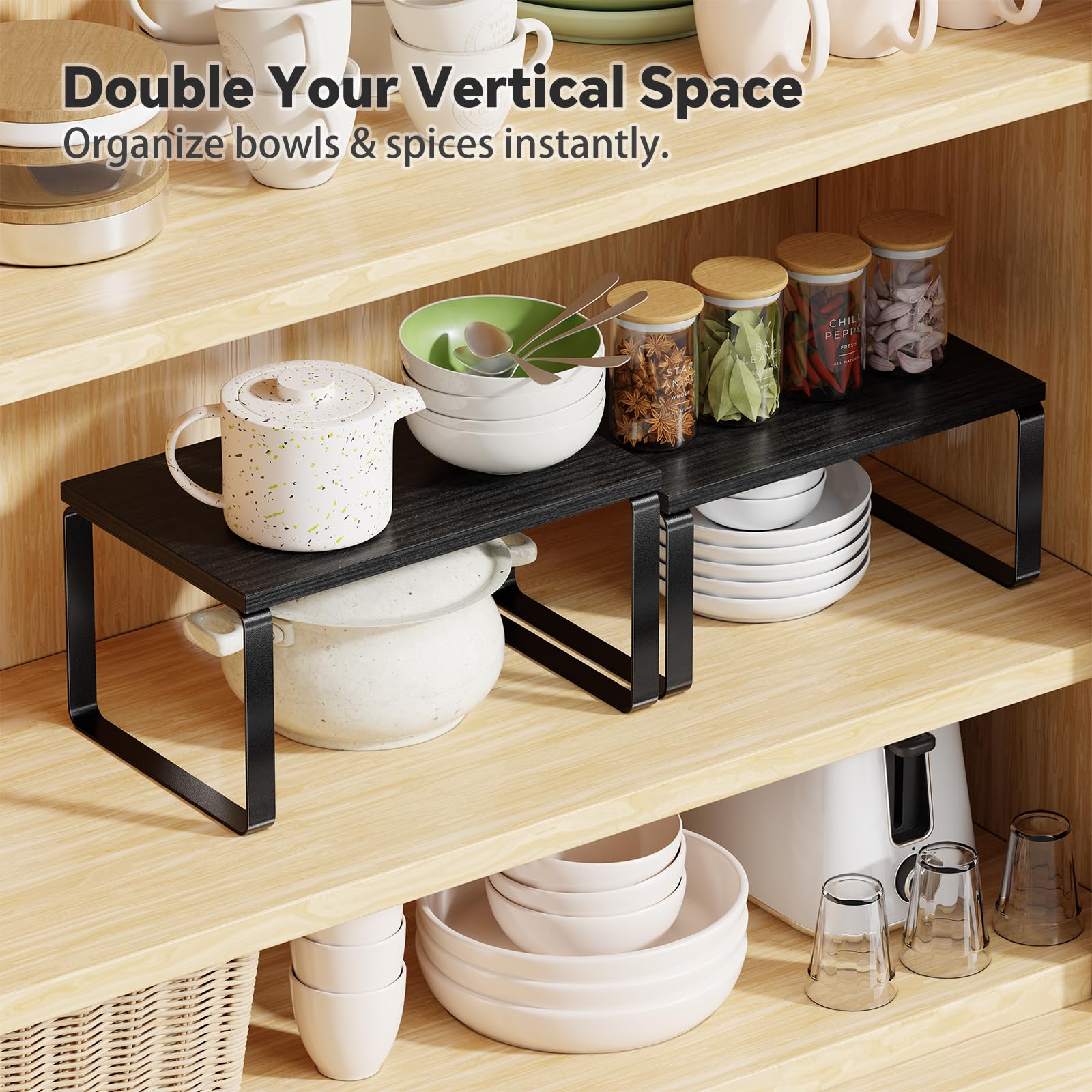 Metal engineered wood cabinet organizer shelf close up