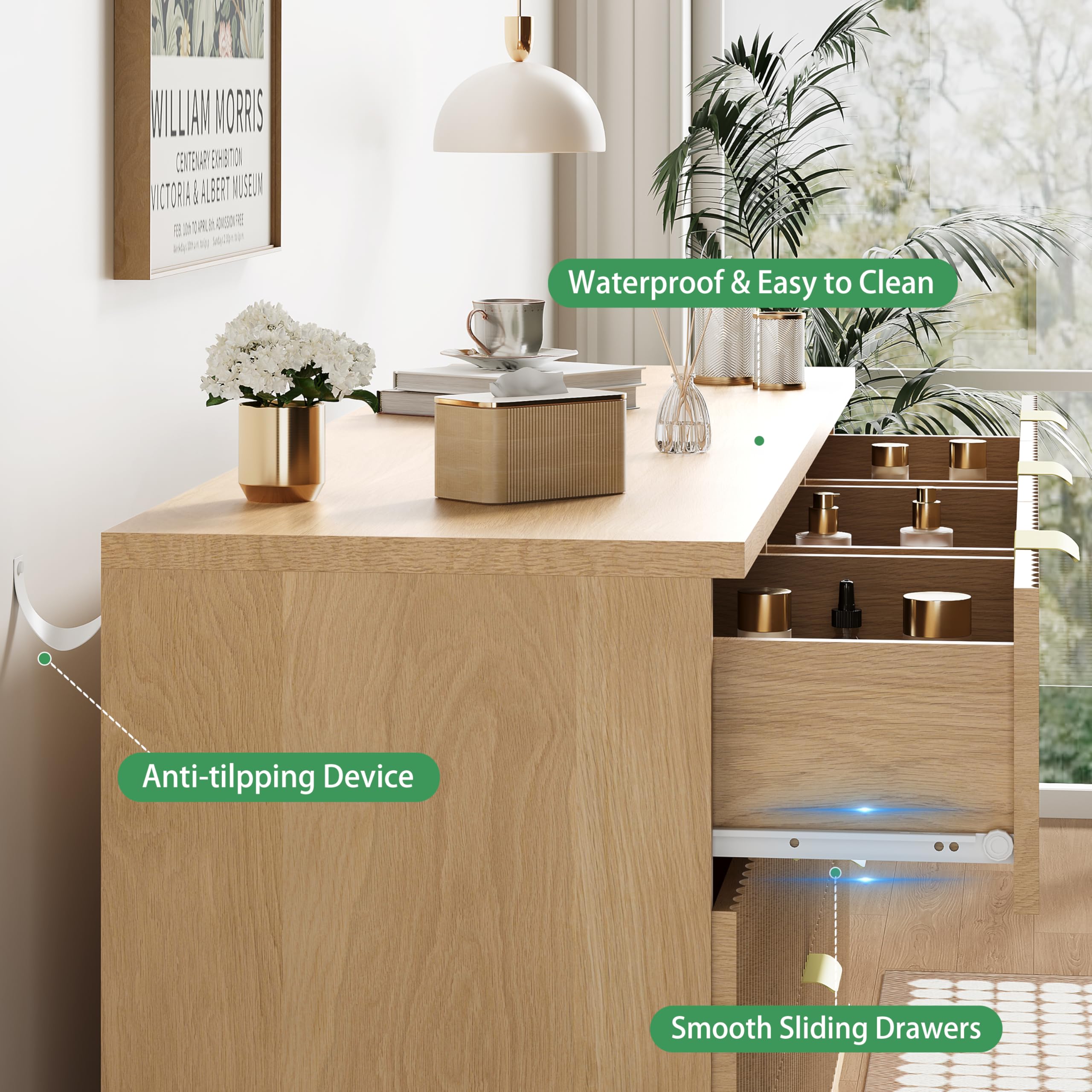 Dresser with anti tipping device and adjustable feet