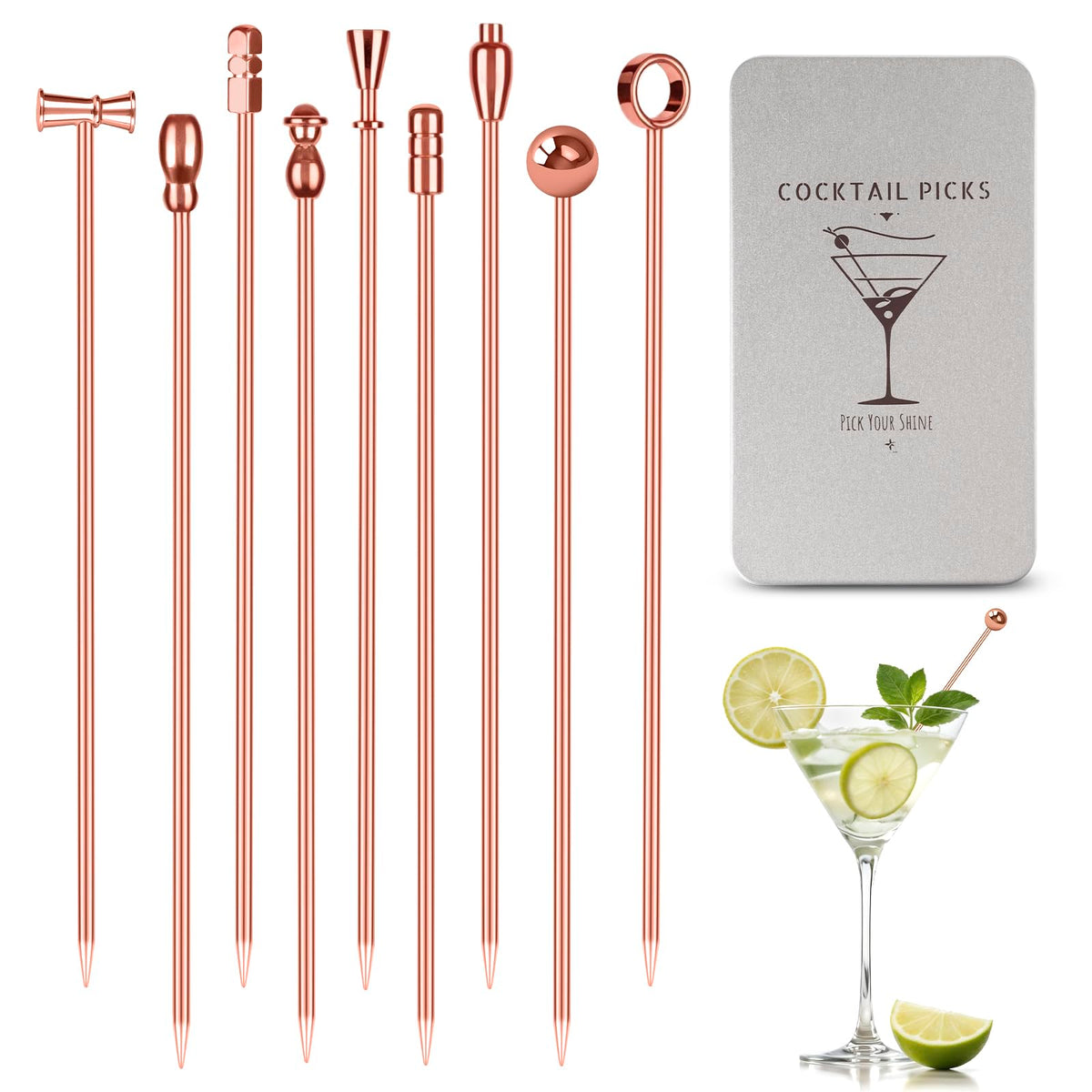 Metal Martini Cocktail Picks rose gold 9 pcs set